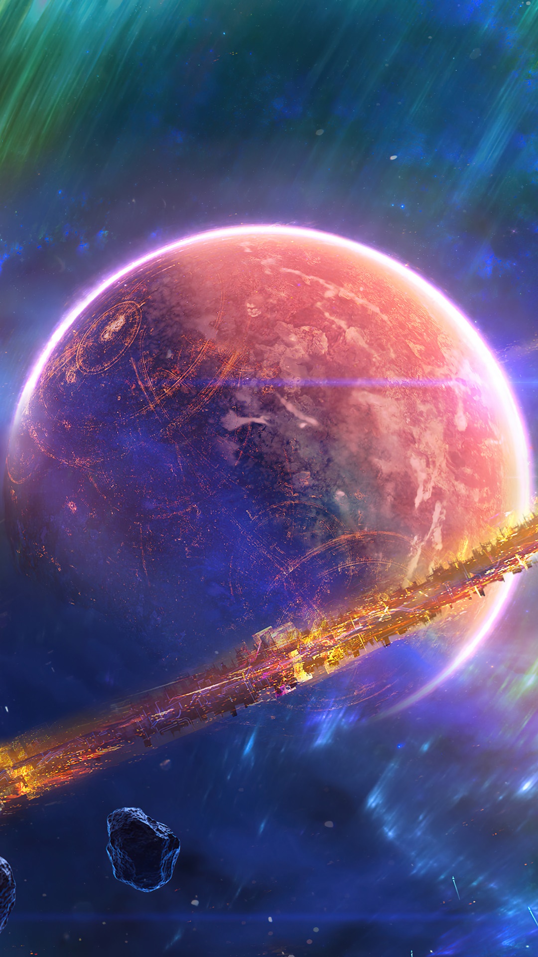 Planet with Ring and Nebula in Space HD Phone Wallpaper