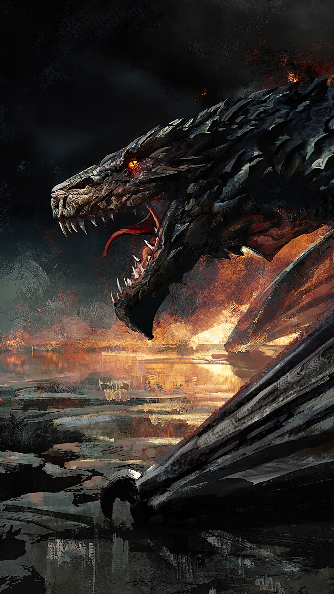A black dragon with glowing red eyes breathes fire over a burning landscape. HD Phone Wallpaper