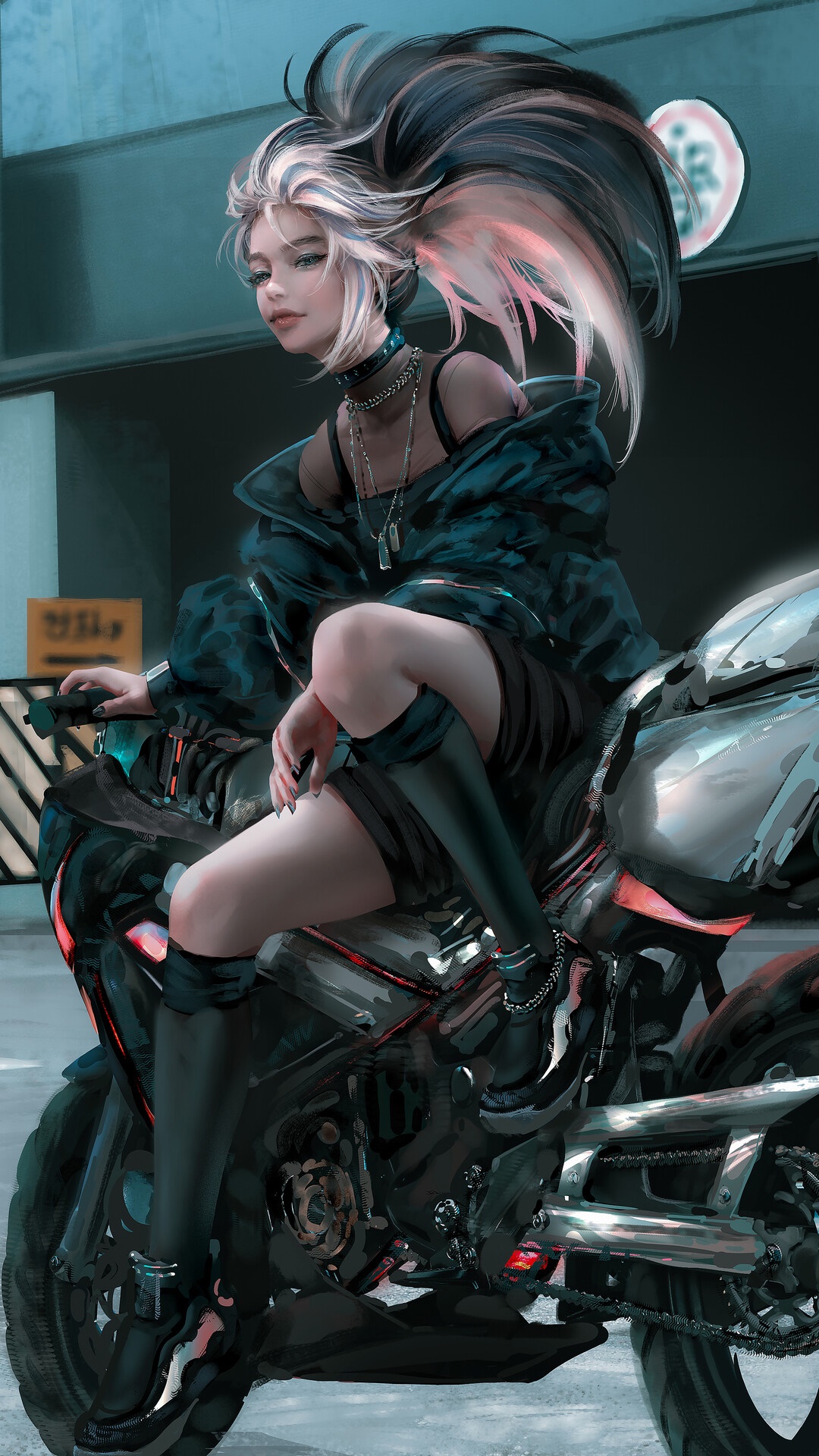Akali from League of Legends on a motorcycle HD Phone Wallpaper
