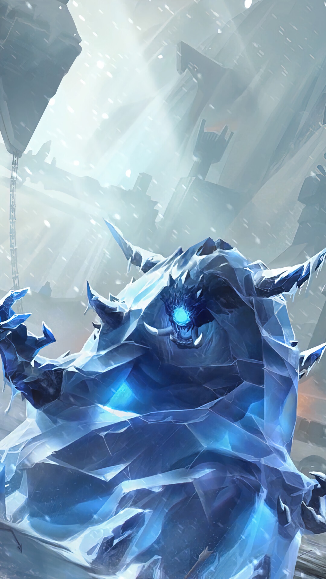 Ice creature in a snowy landscape from Legends of Runeterra HD Phone Wallpaper