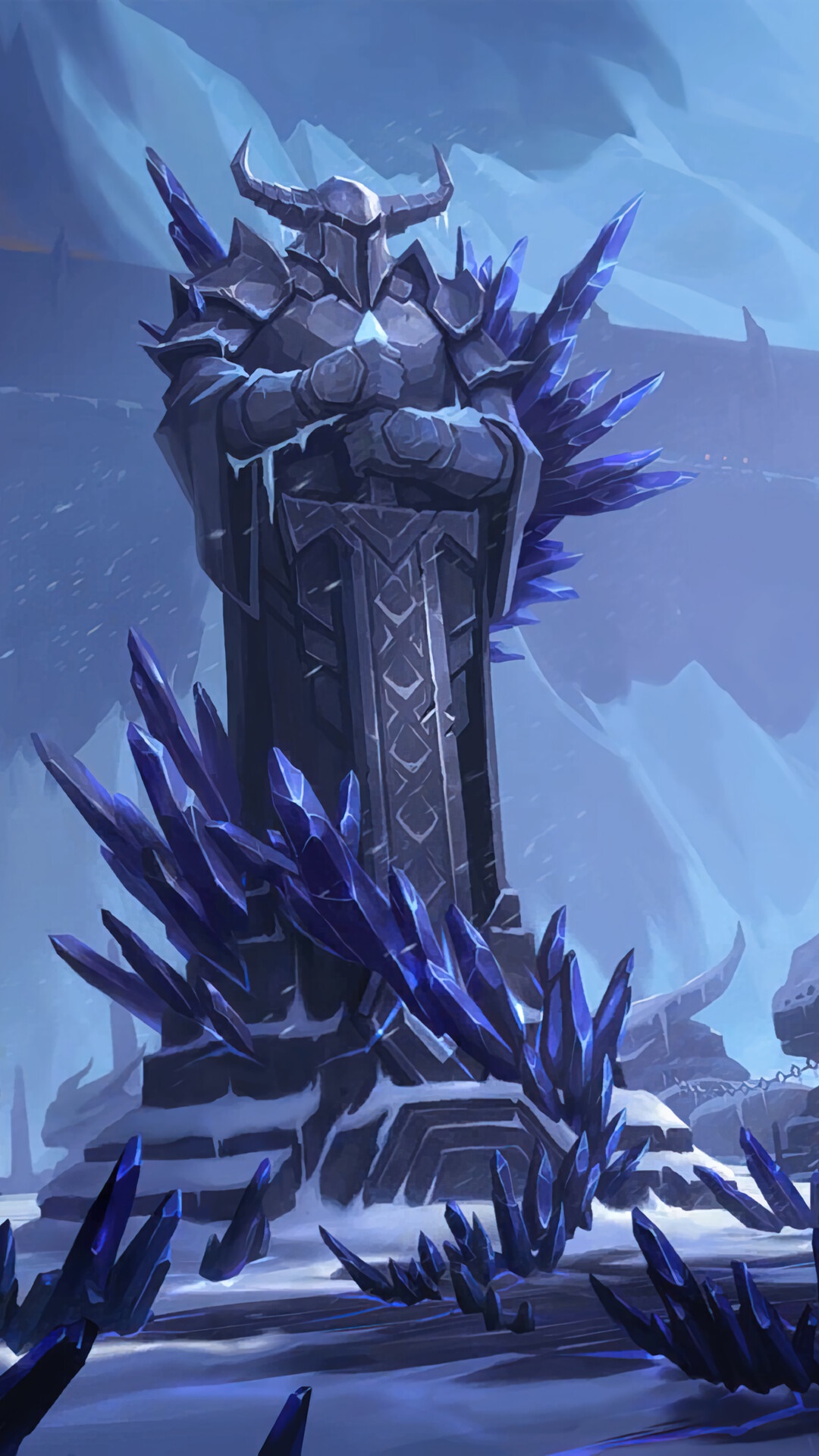 Statue of a knight surrounded by ice crystals in Legends of Runeterra HD Phone Wallpaper