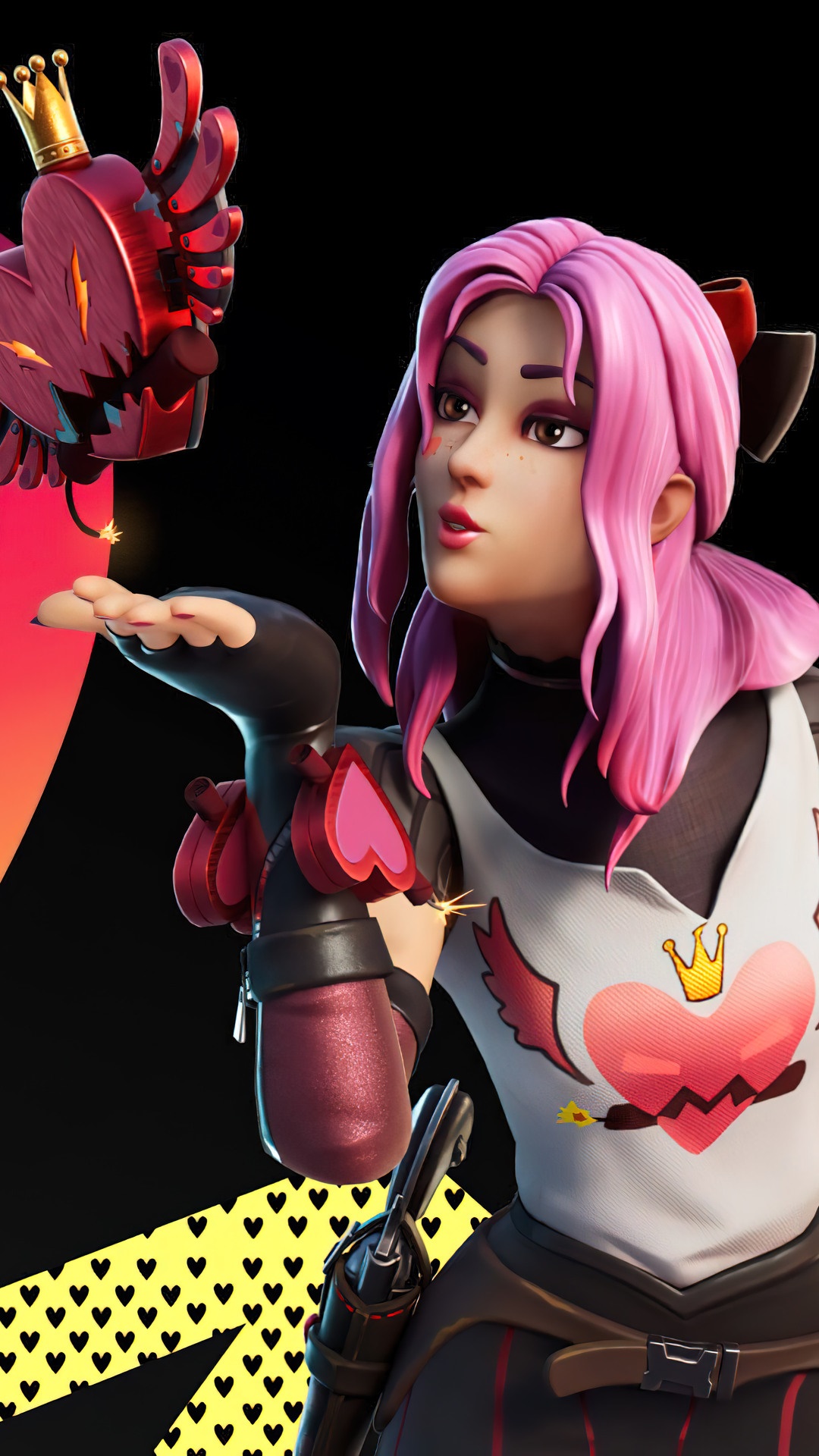 Fortnite character with a heart-shaped creature HD Phone Wallpaper