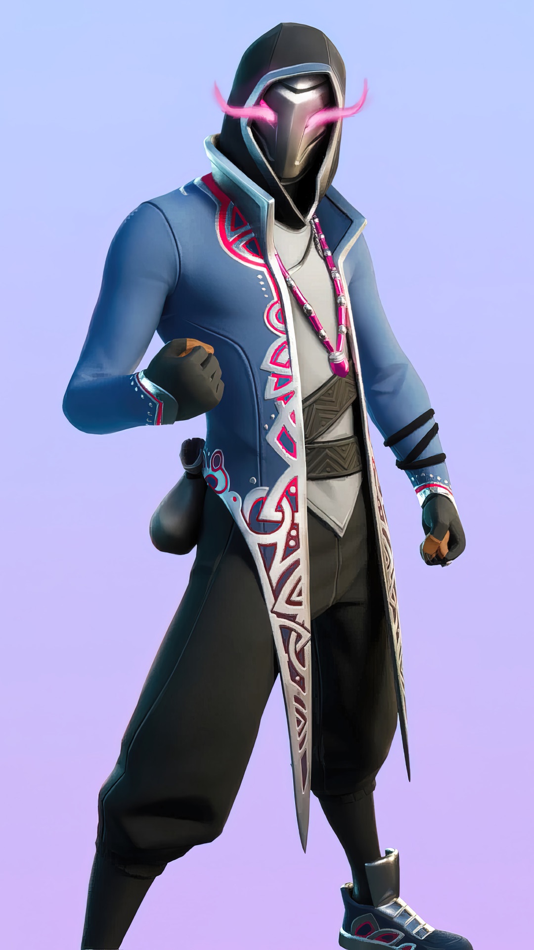 Fortnite character with pink glowing eyes and blue coat HD Phone Wallpaper