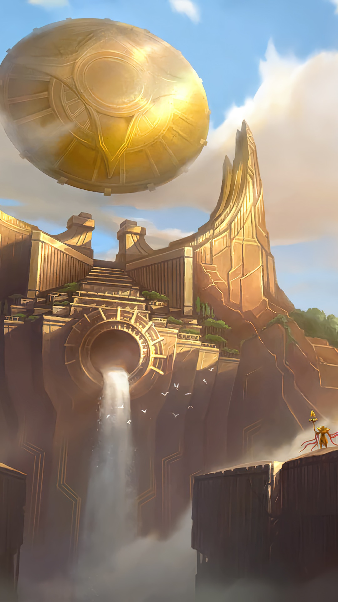 Golden City with Waterfall and Orb in Legends of Runeterra HD Phone Wallpaper