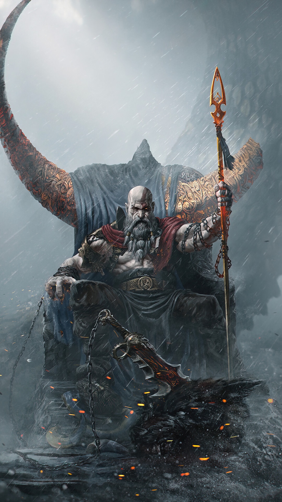 Kratos from God of War sitting on a throne with a spear HD Phone Wallpaper