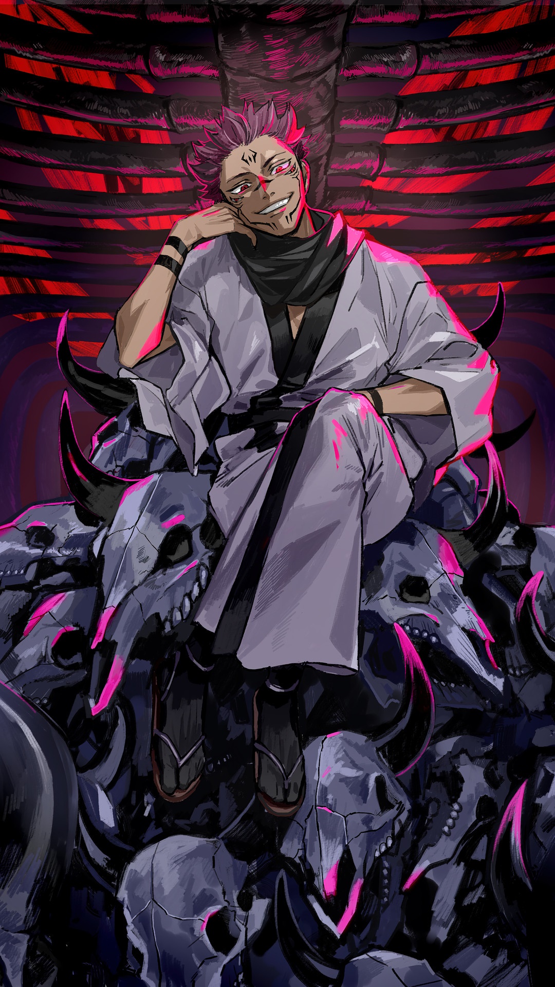 Sukuna from Jujutsu Kaisen sitting on skulls HD Phone Wallpaper