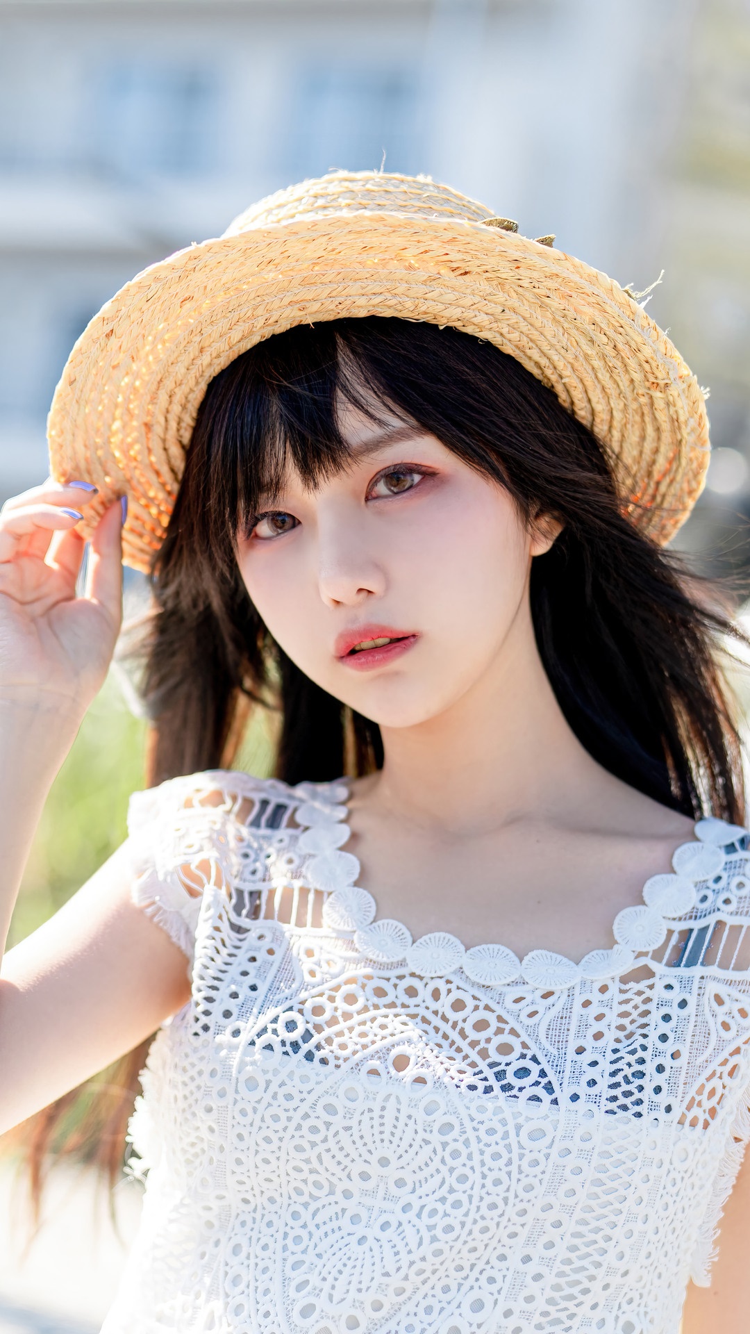 Young Asian woman wearing a straw hat and white dress HD Phone Wallpaper