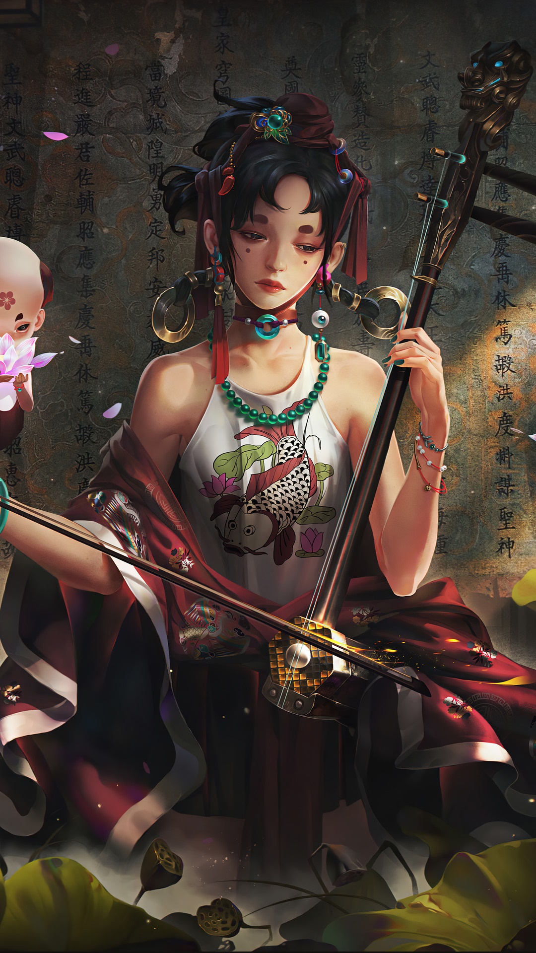 Fantasy girl playing a traditional instrument HD Phone Wallpaper