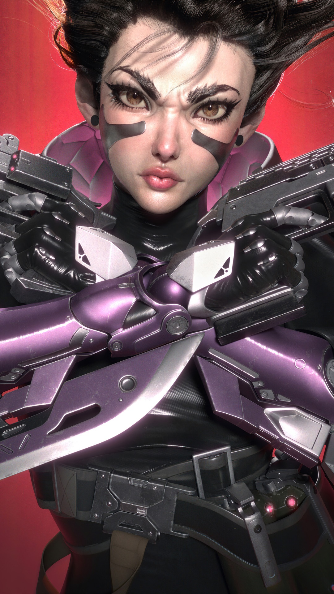 Sombra from Overwatch holding guns and knife HD Phone Wallpaper