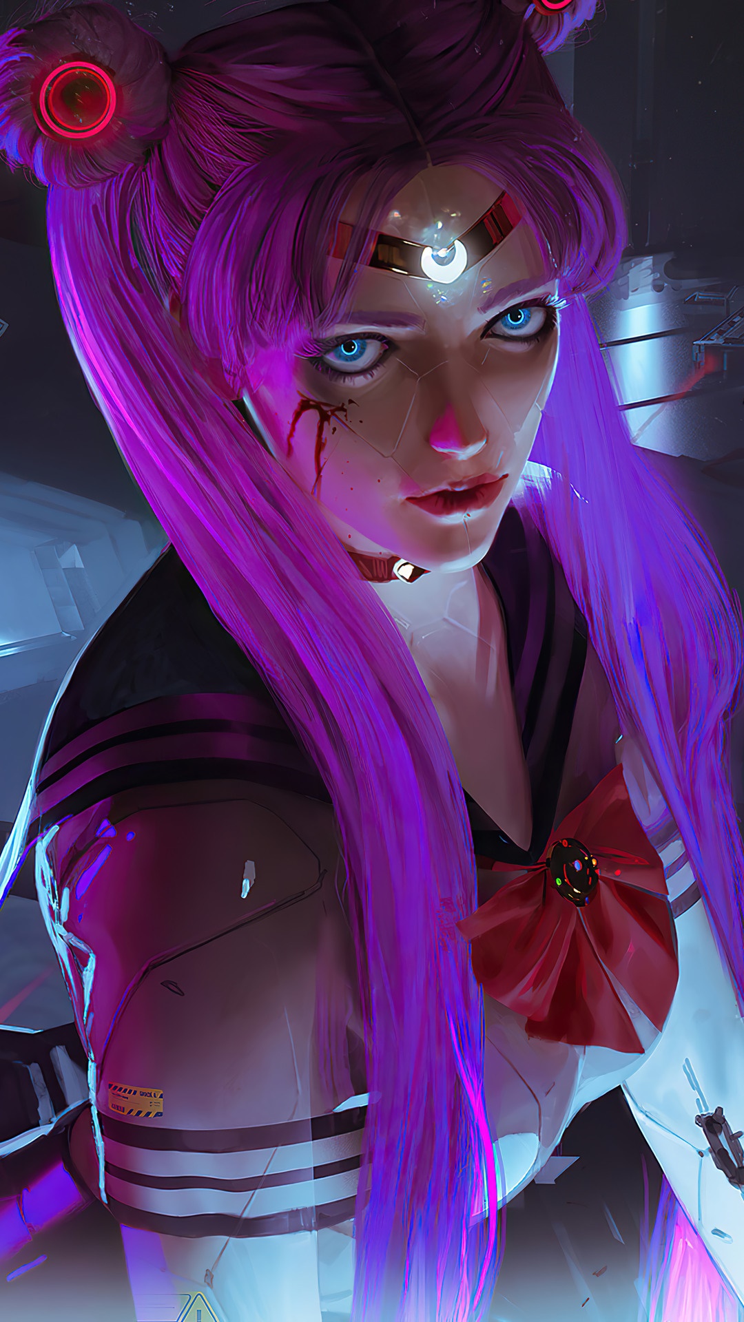 Cyberpunk Sailor Moon with purple hair and blue eyes HD Phone Wallpaper