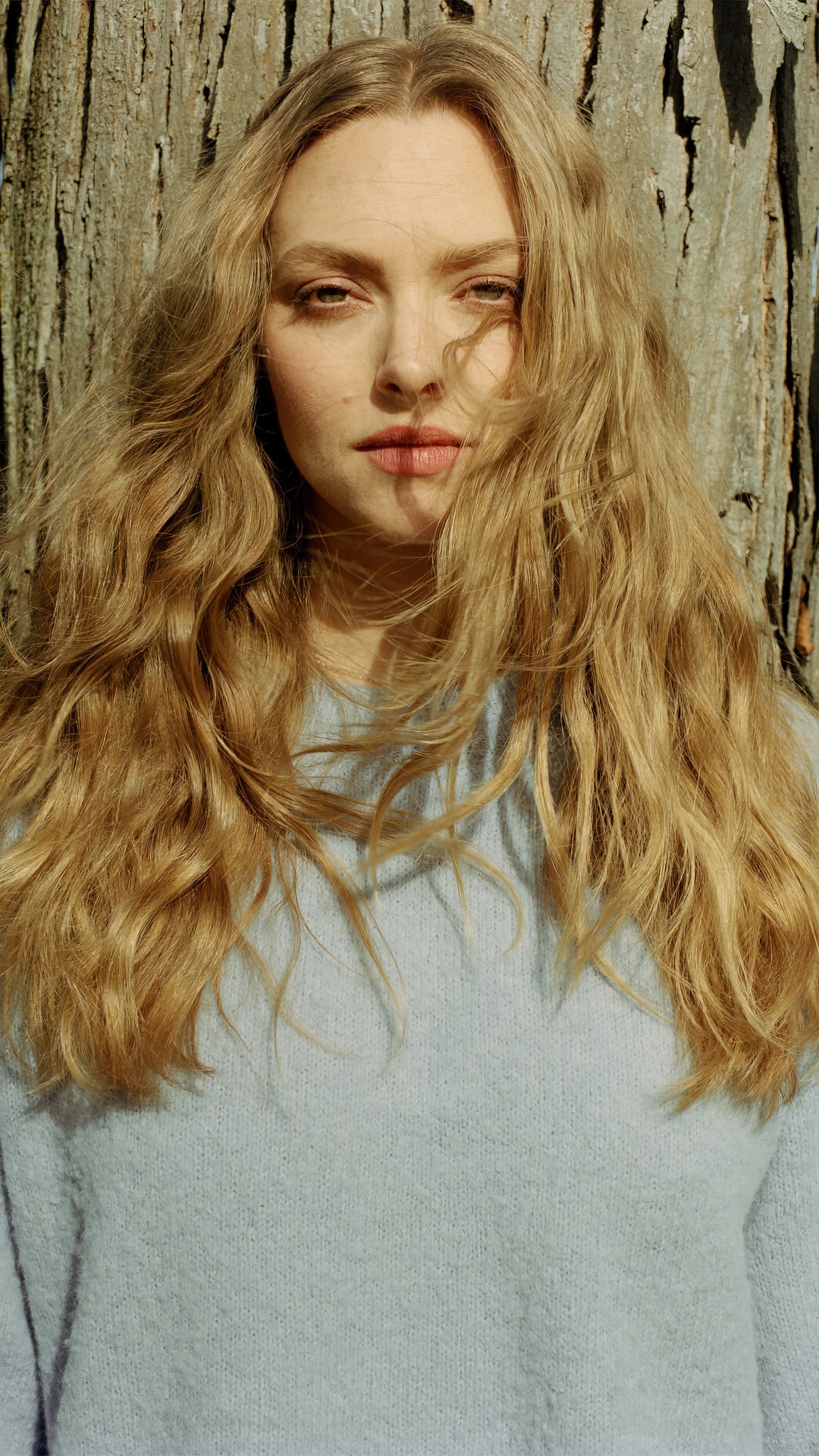 Amanda Seyfried in a light blue sweater HD Phone Wallpaper