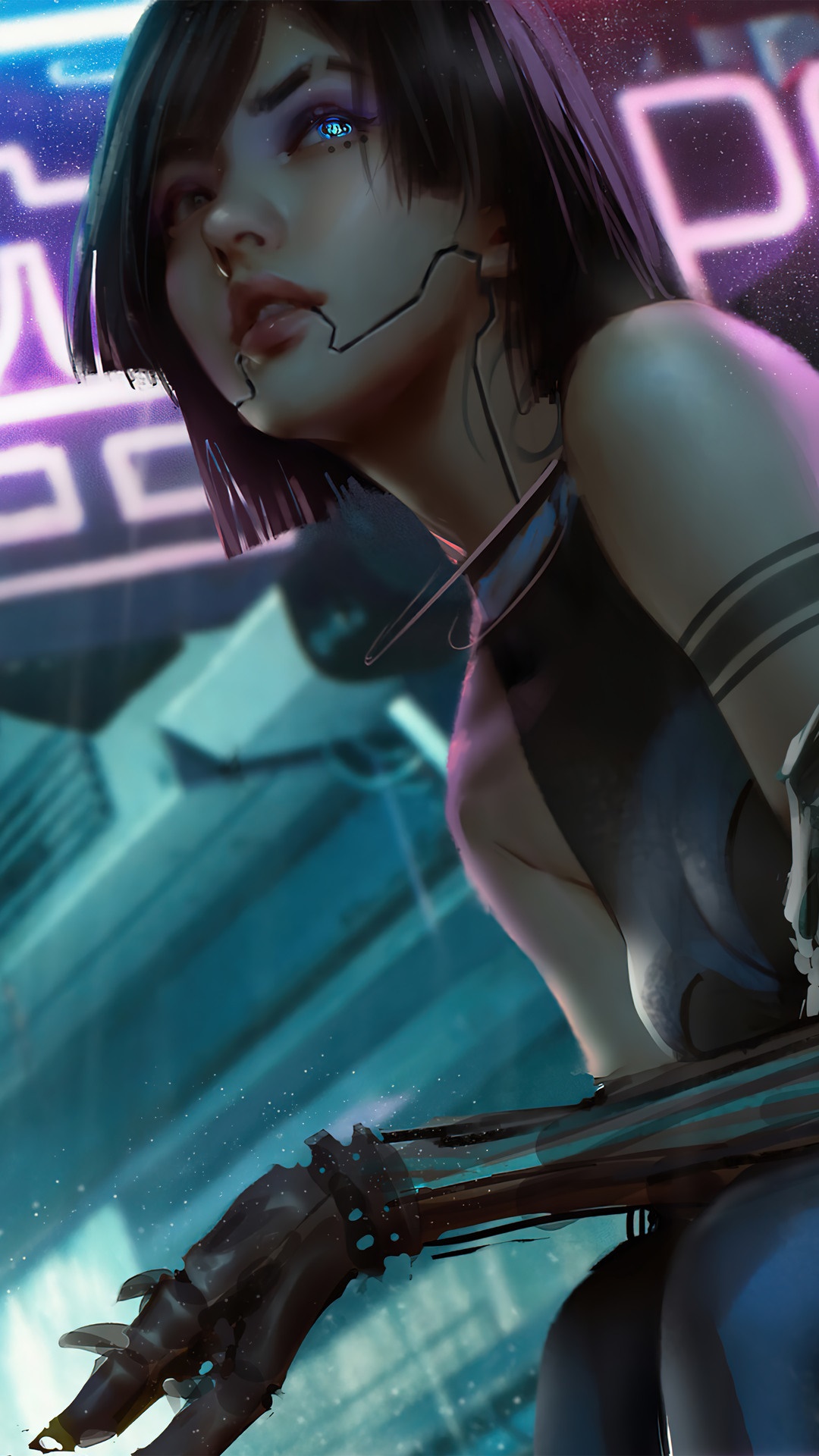 Cyberpunk girl with robotic arm and glowing eyes HD Phone Wallpaper