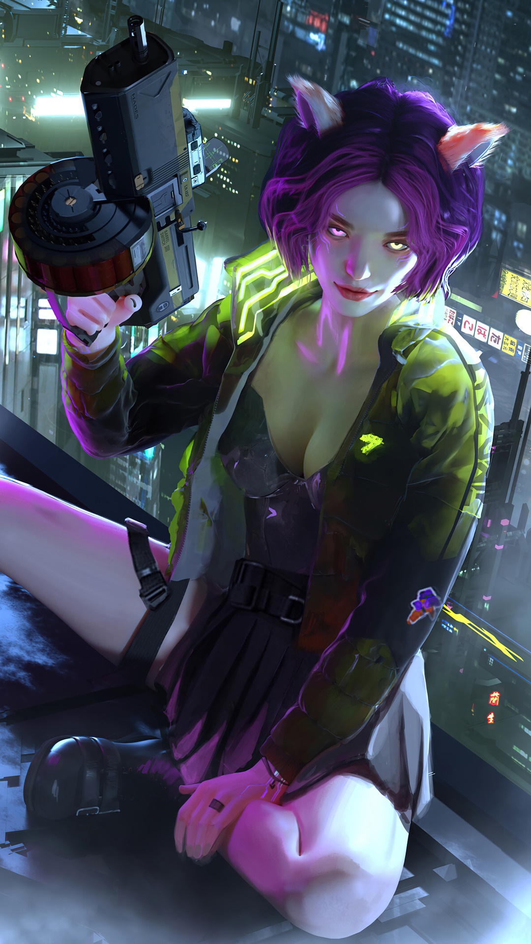 Cyberpunk girl with cat ears and gun in city HD Phone Wallpaper