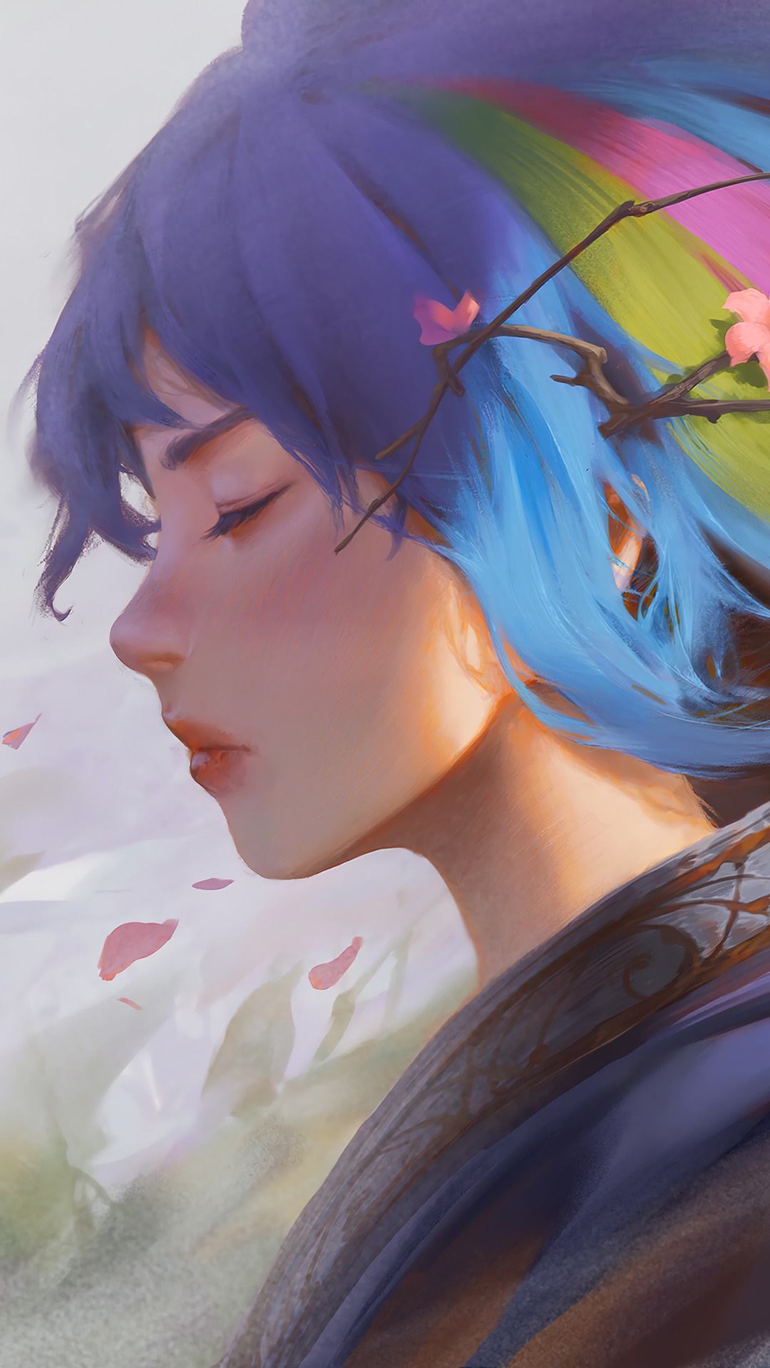Girl with rainbow hair and cherry blossoms HD Phone Wallpaper