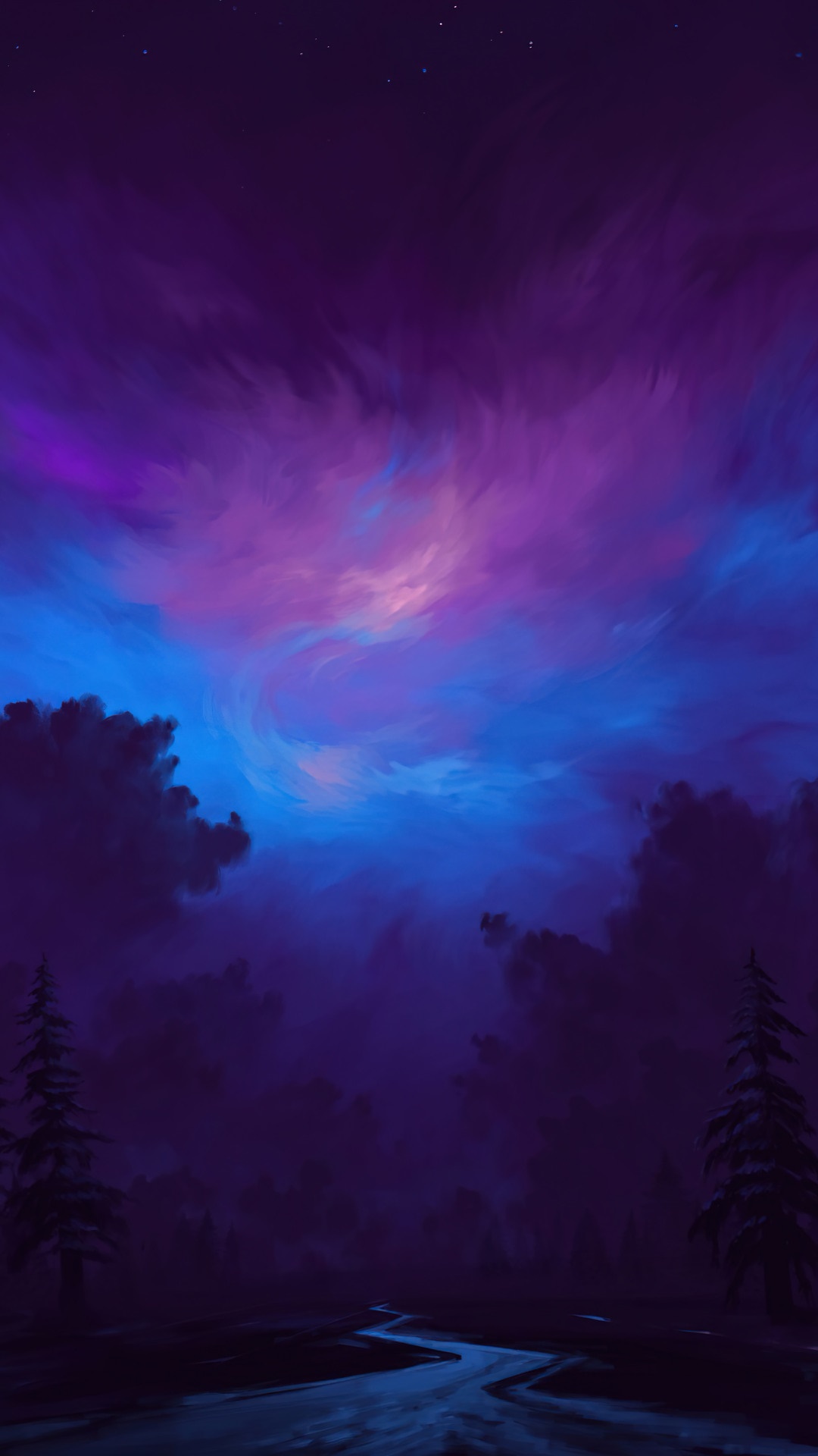 Digital art landscape of a night sky over a forest and river HD Phone Wallpaper