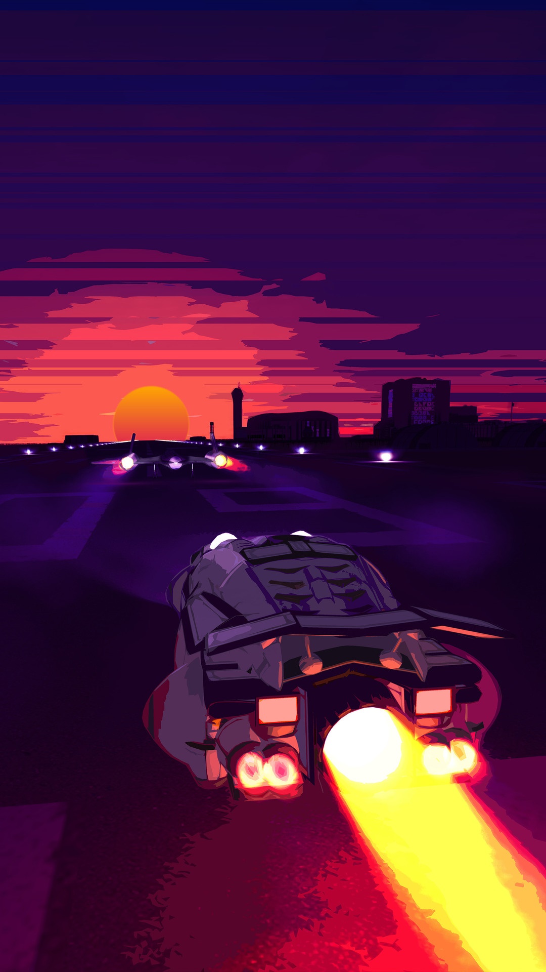 Futuristic vehicle racing at sunset HD Phone Wallpaper