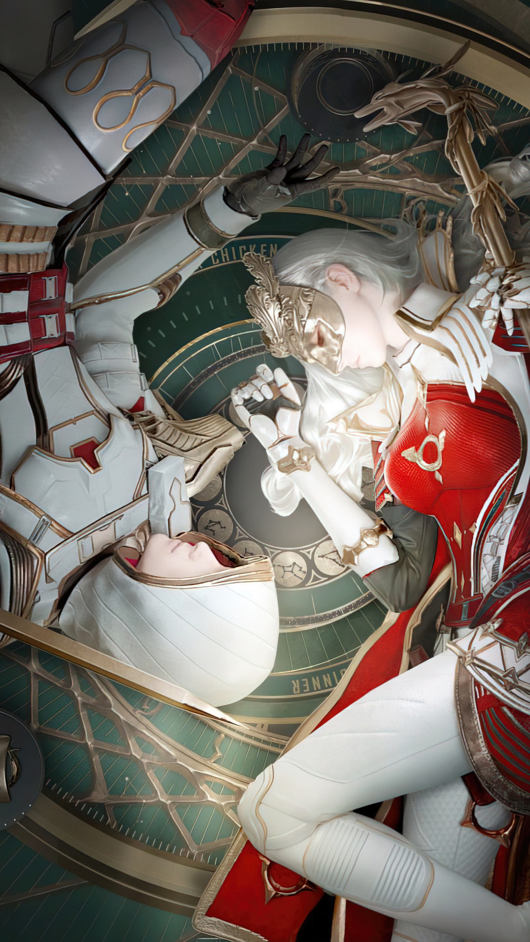 Two figures in ornate armor in a circular, clock-like setting HD Phone Wallpaper
