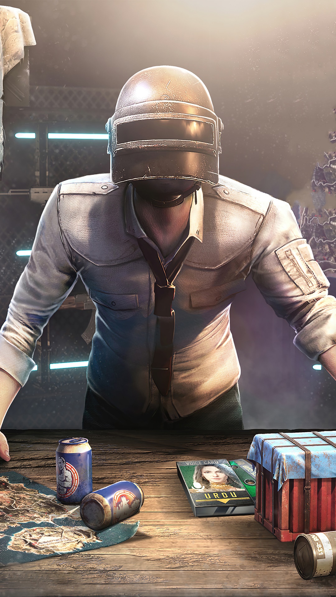PlayerUnknown's Battlegrounds character with loot and map HD Phone Wallpaper