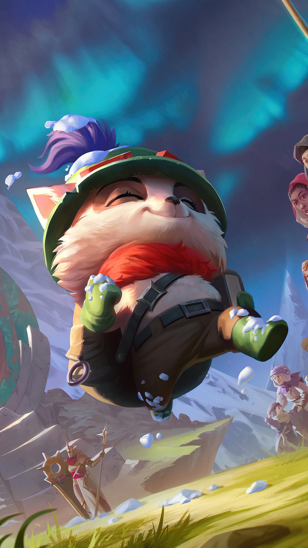 Teemo from League of Legends jumping in the snow HD Phone Wallpaper