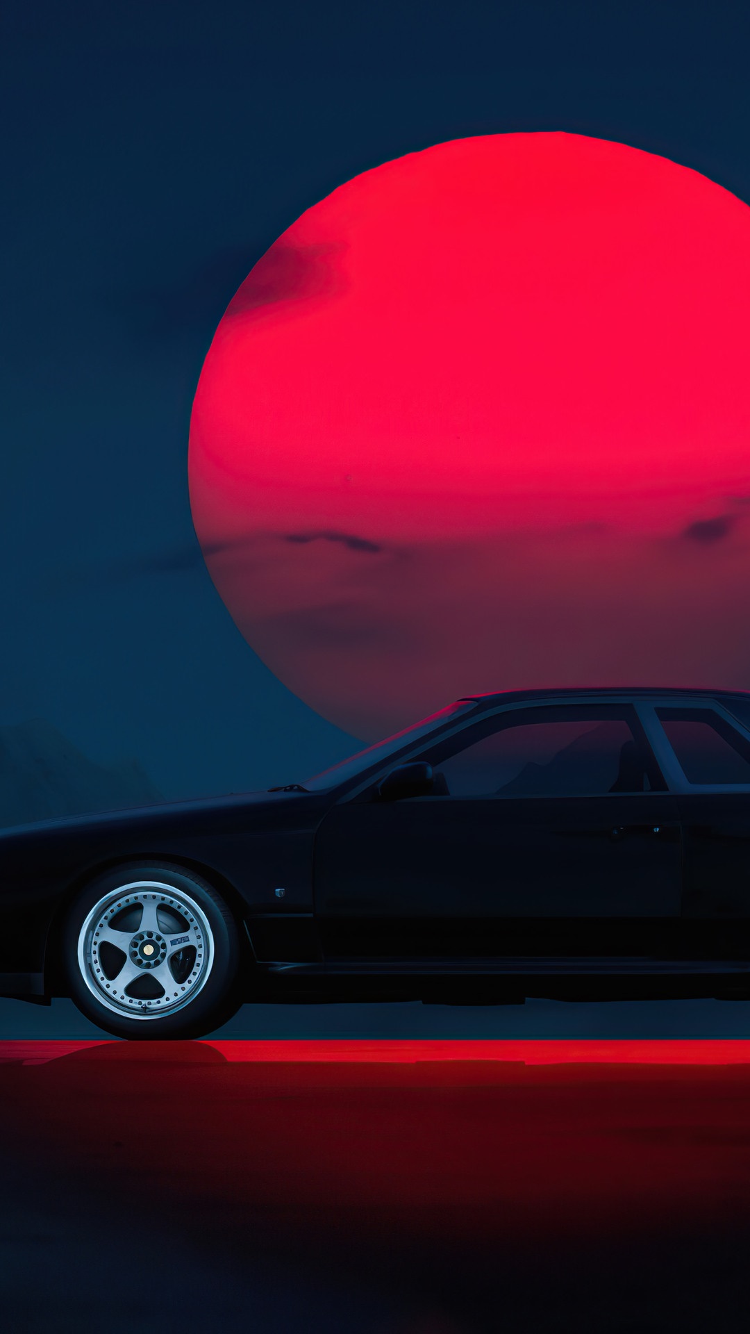 Black Sports Car Under a Red Moon HD Phone Wallpaper