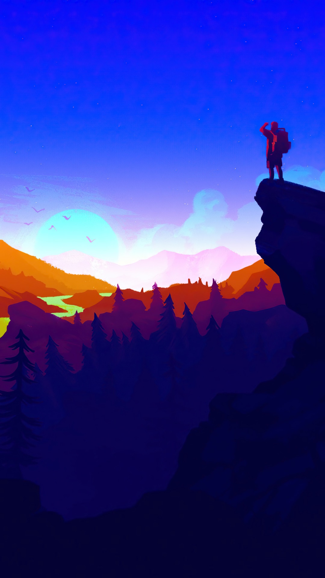 Minimalist landscape with a hiker on a cliff HD Phone Wallpaper