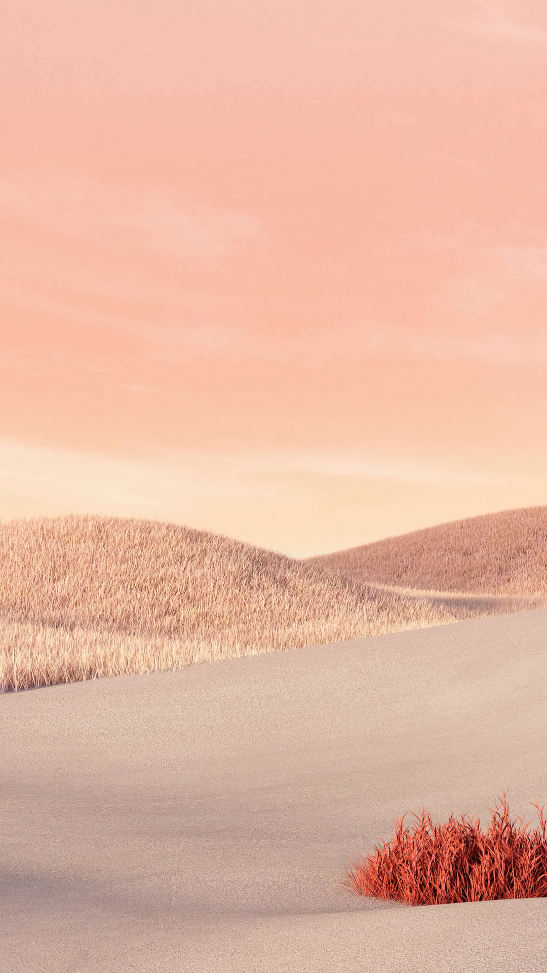 Desert landscape with rolling hills and a red bush HD Phone Wallpaper