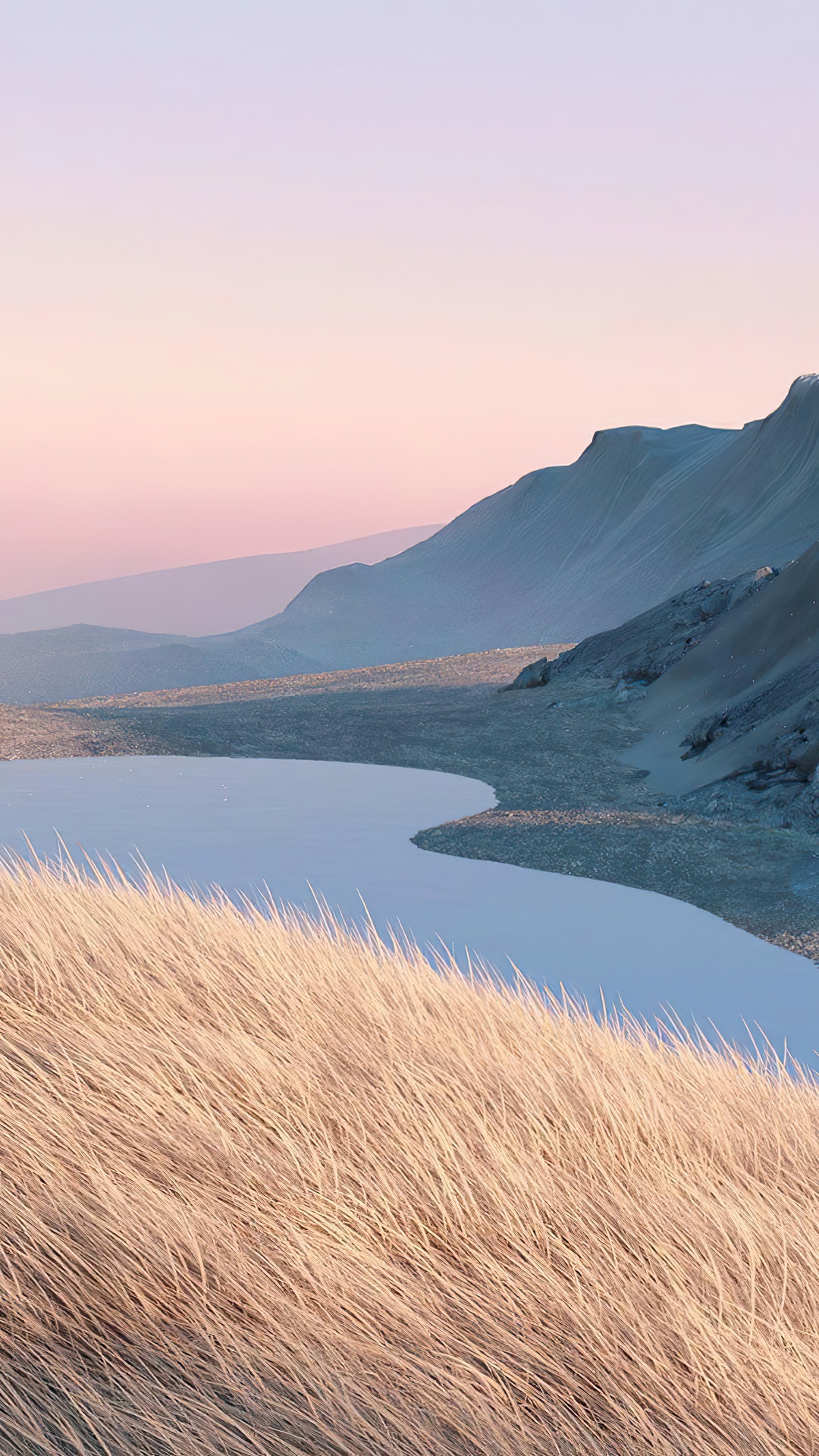 Mountain landscape with lake and dry grass HD Phone Wallpaper