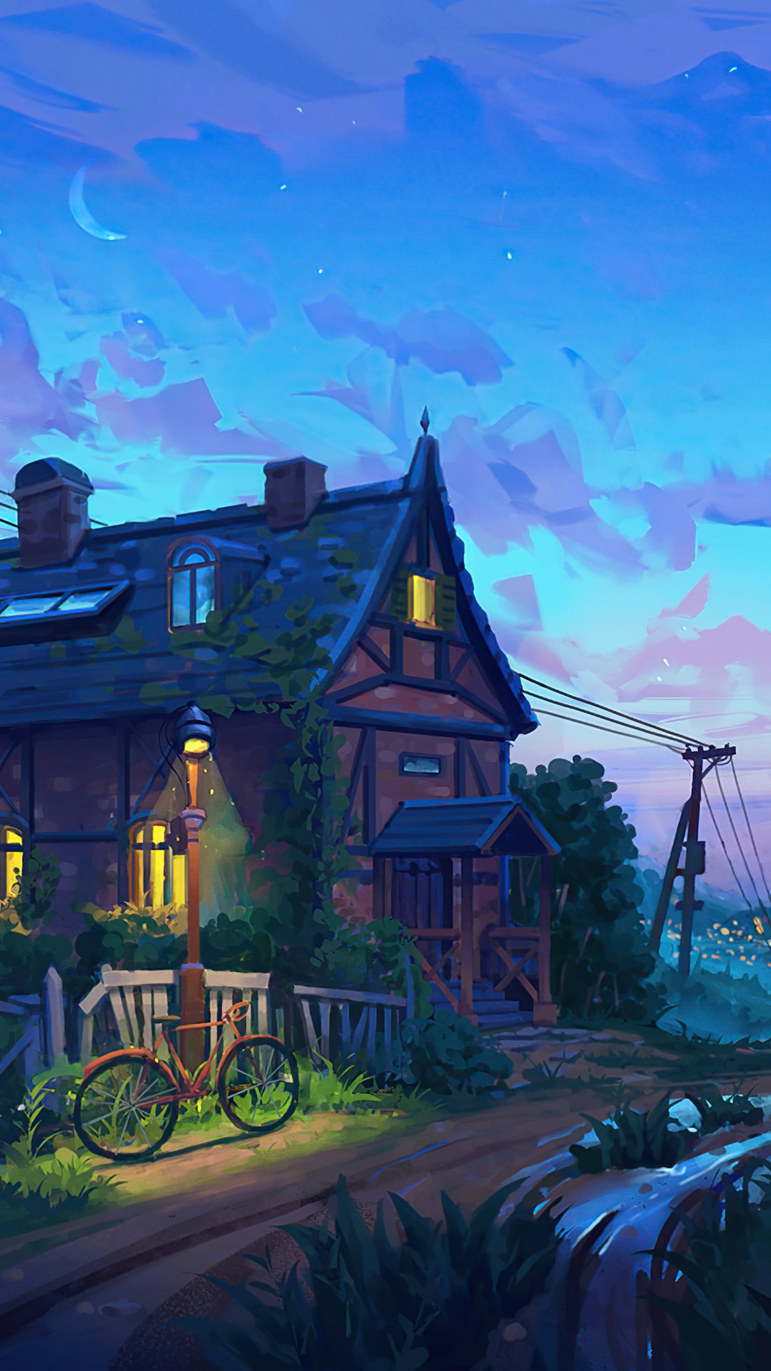 Digital art of a village at dusk with a bicycle HD Phone Wallpaper