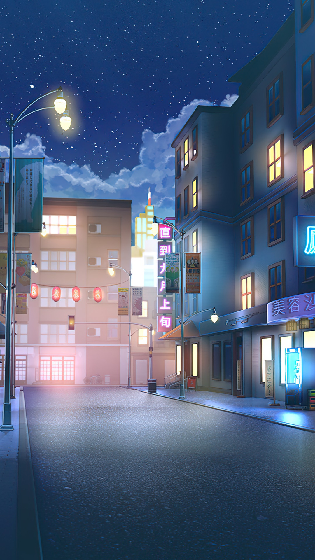 Anime street at night with neon signs and stars HD Phone Wallpaper