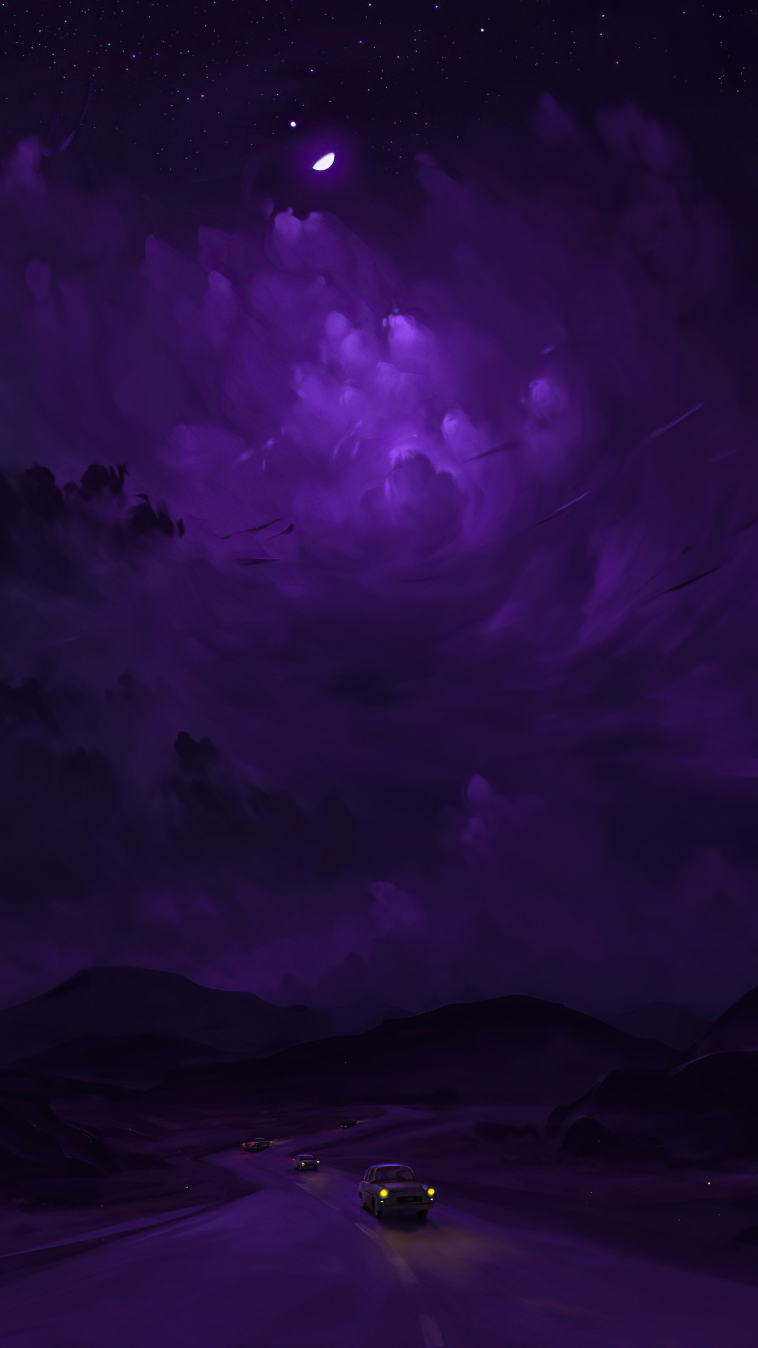 Purple Night Sky Over a Road with Cars HD Phone Wallpaper