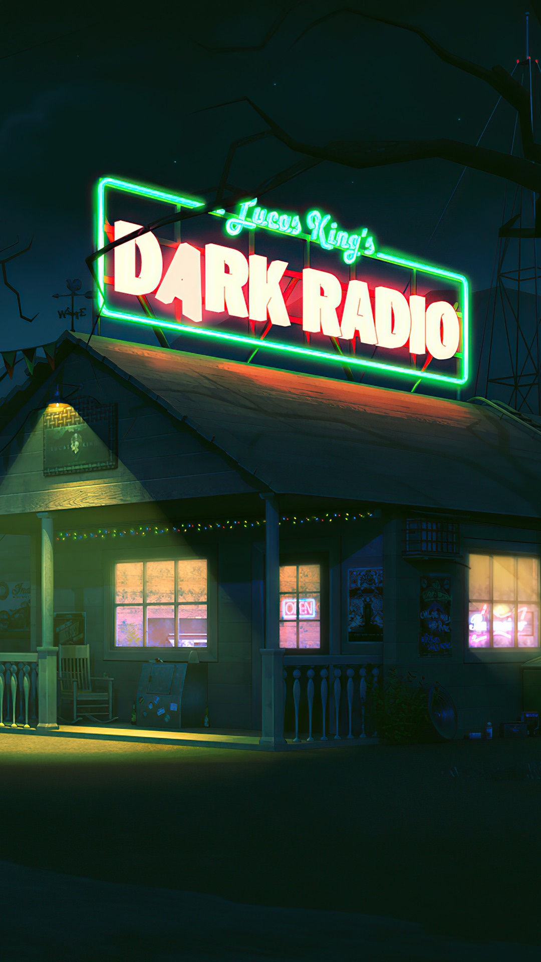 Lucas King's Dark Radio neon sign at night HD Phone Wallpaper
