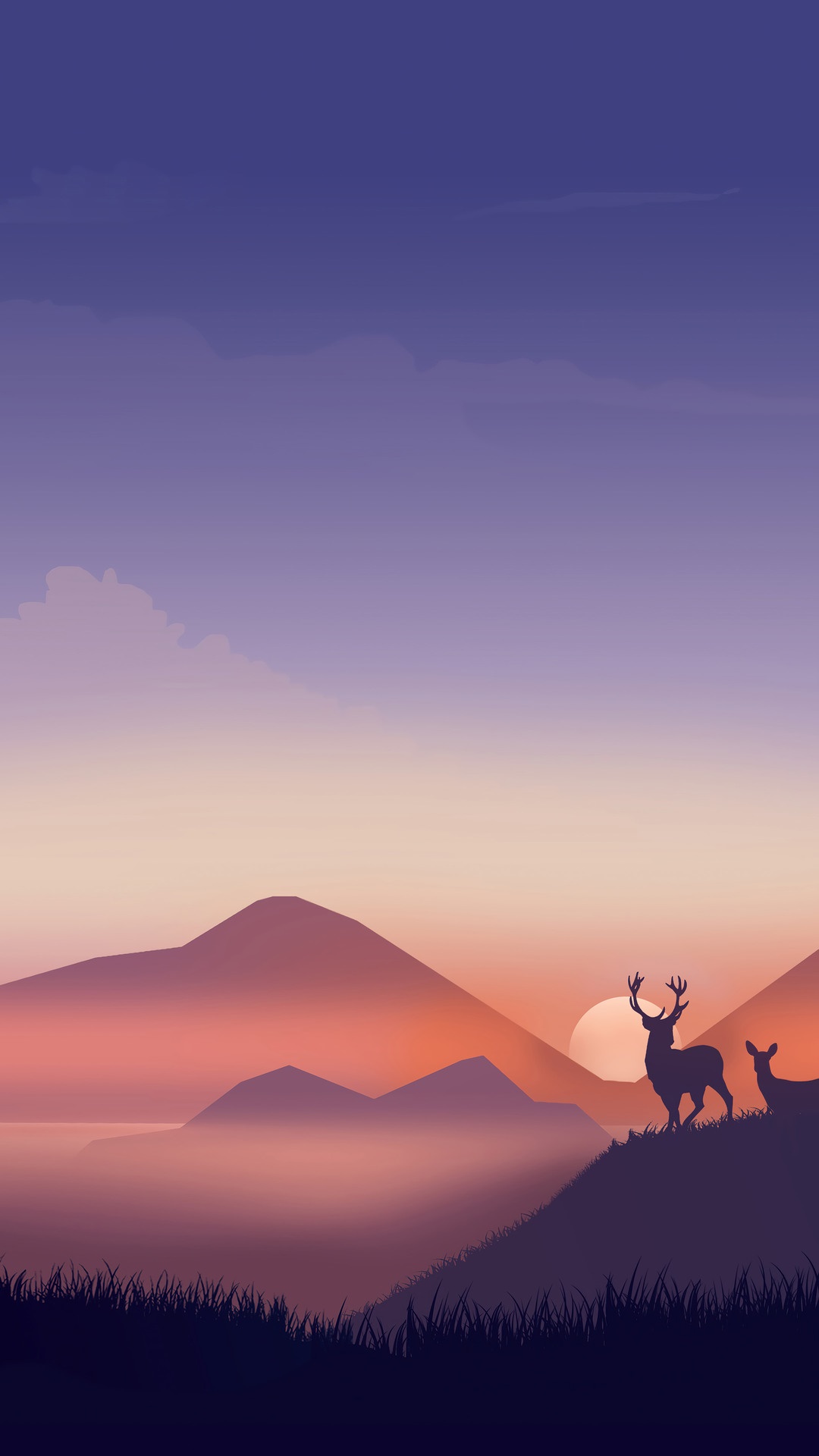 Minimalist sunrise with deer silhouettes over mountains HD Phone Wallpaper