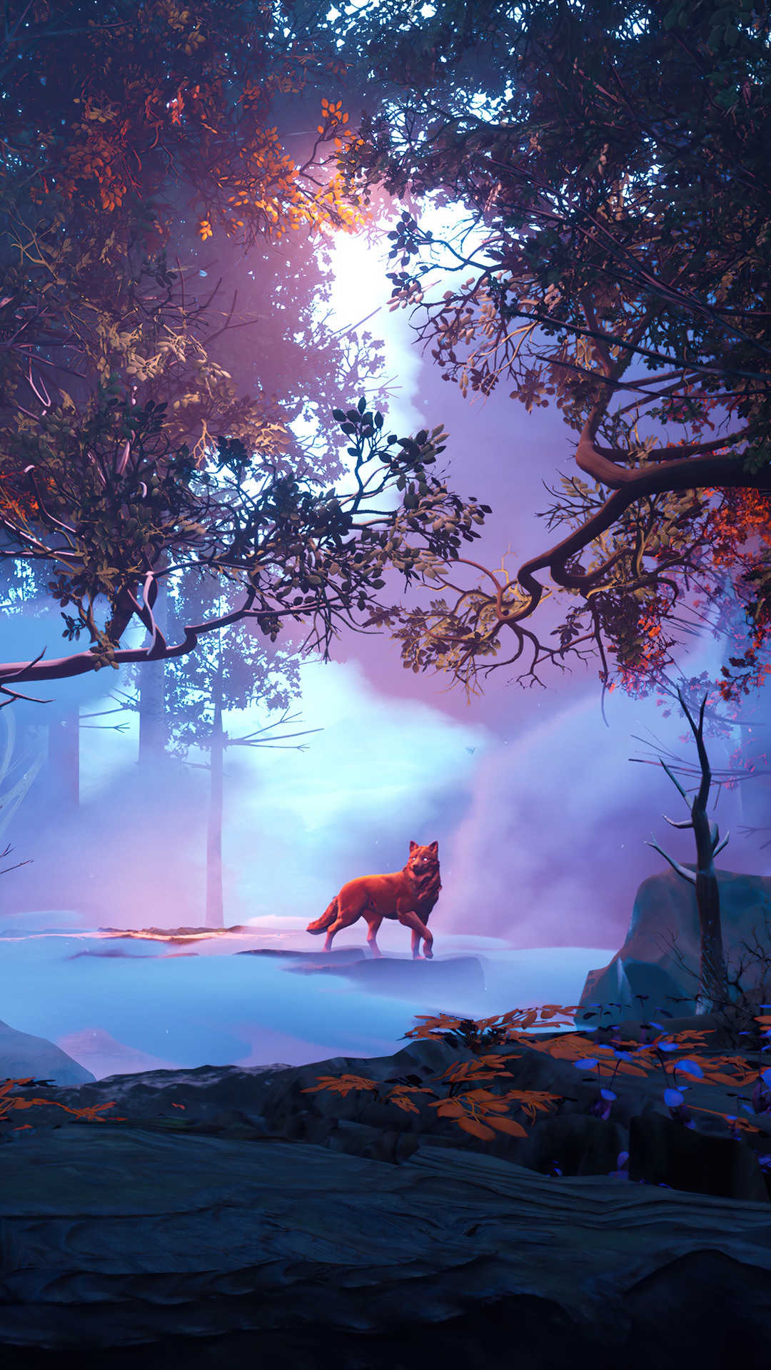 A fox stands in a misty, colorful forest HD Phone Wallpaper