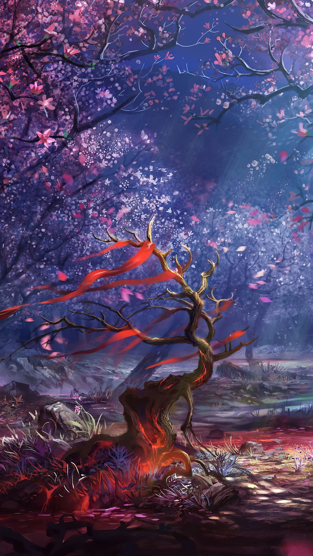 Fantasy forest with glowing tree and red ribbons HD Phone Wallpaper