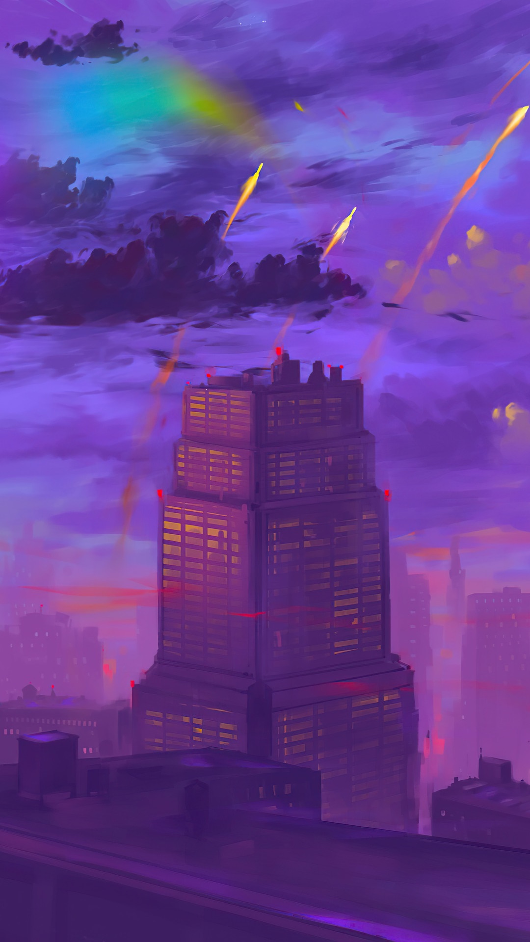 Digital art of a city skyline at dusk with a rainbow HD Phone Wallpaper