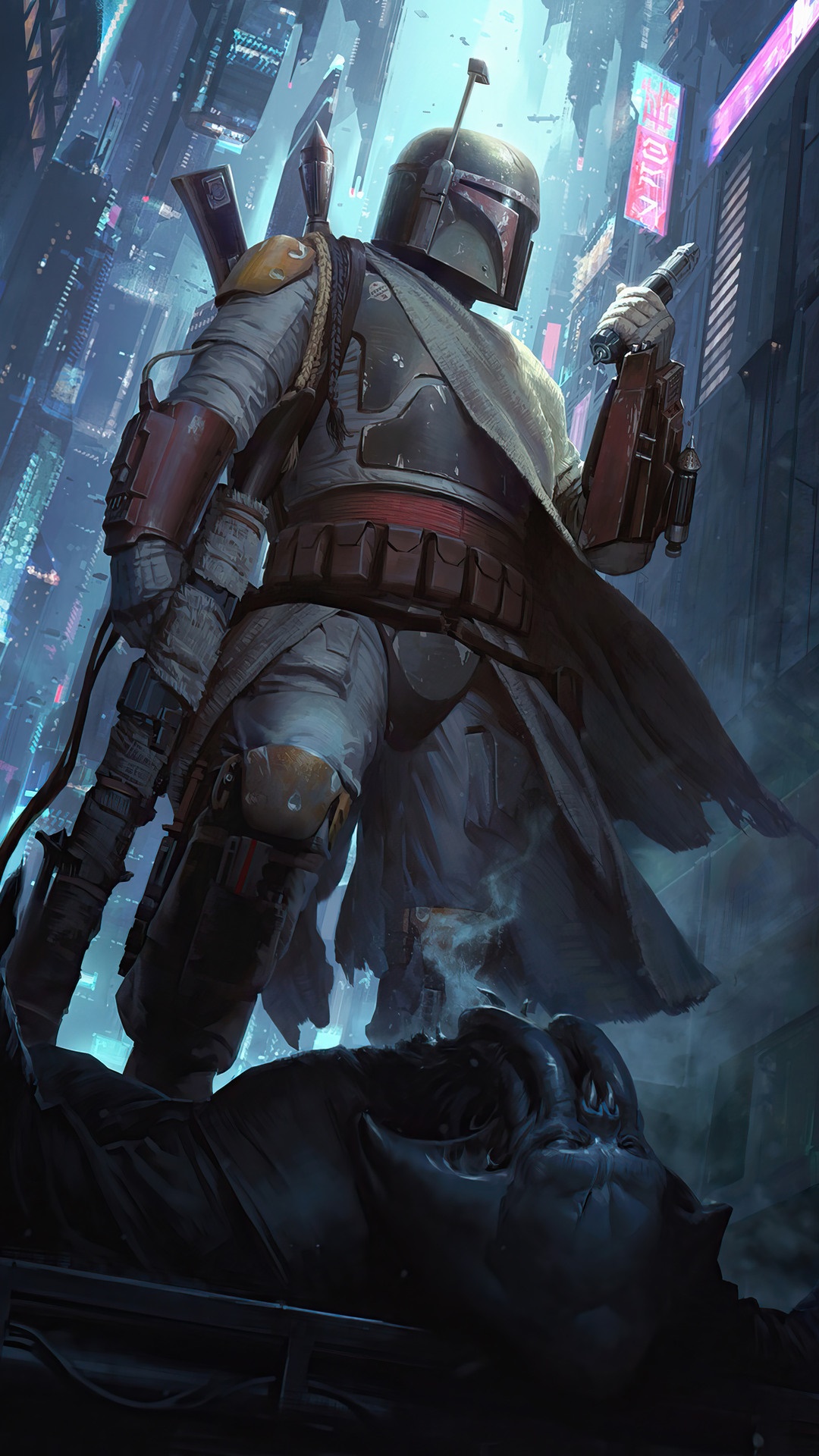 Boba Fett from Star Wars standing over a defeated figure HD Phone Wallpaper