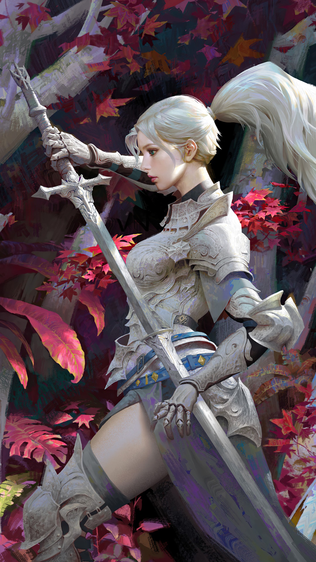 Fantasy warrior girl with sword in forest HD Phone Wallpaper