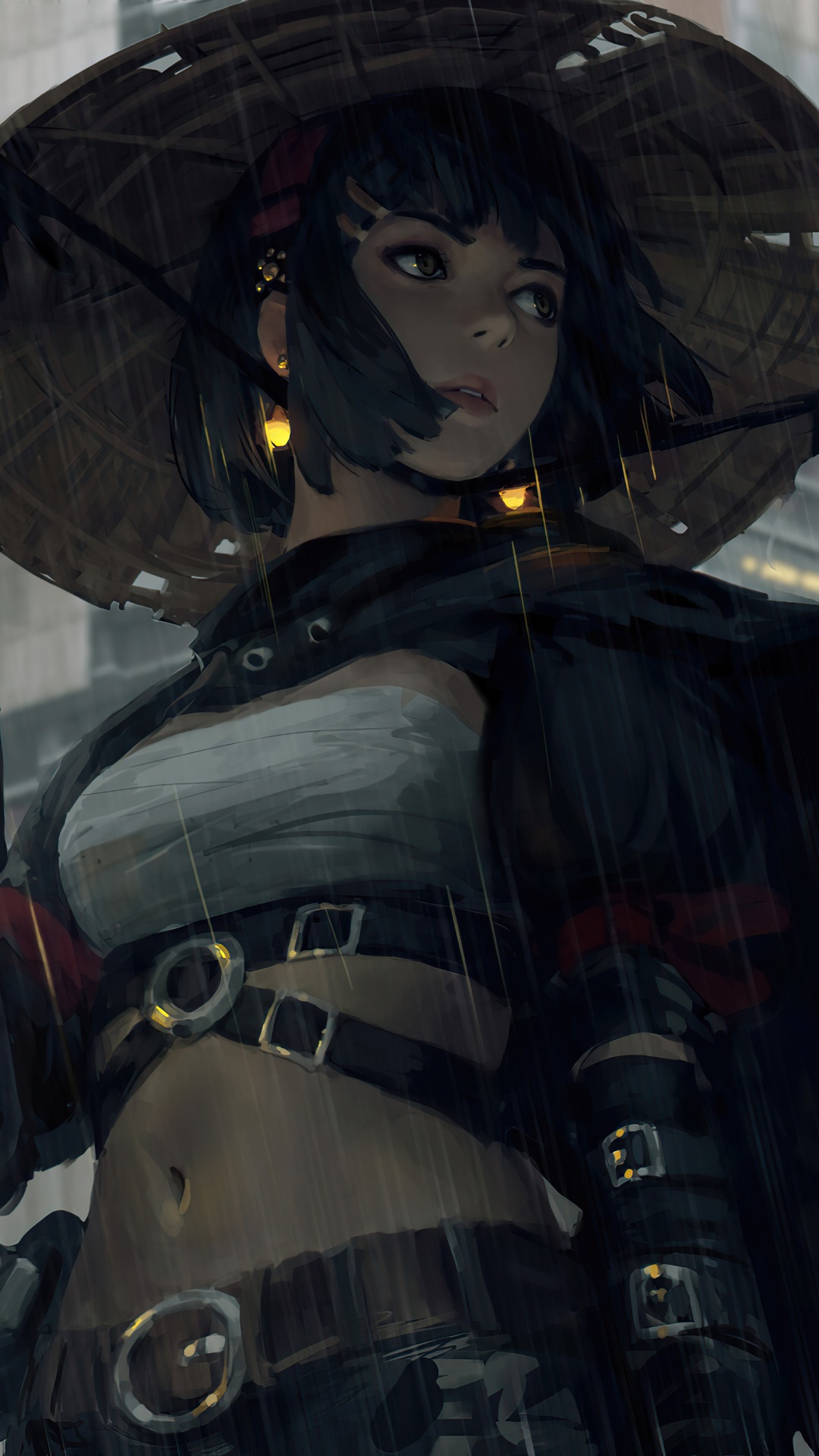 Warrior girl in a conical hat in the rain HD Phone Wallpaper