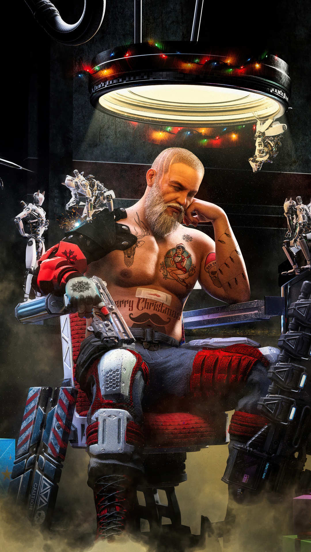 Cyberpunk Santa Claus with robotic arm and gun HD Phone Wallpaper