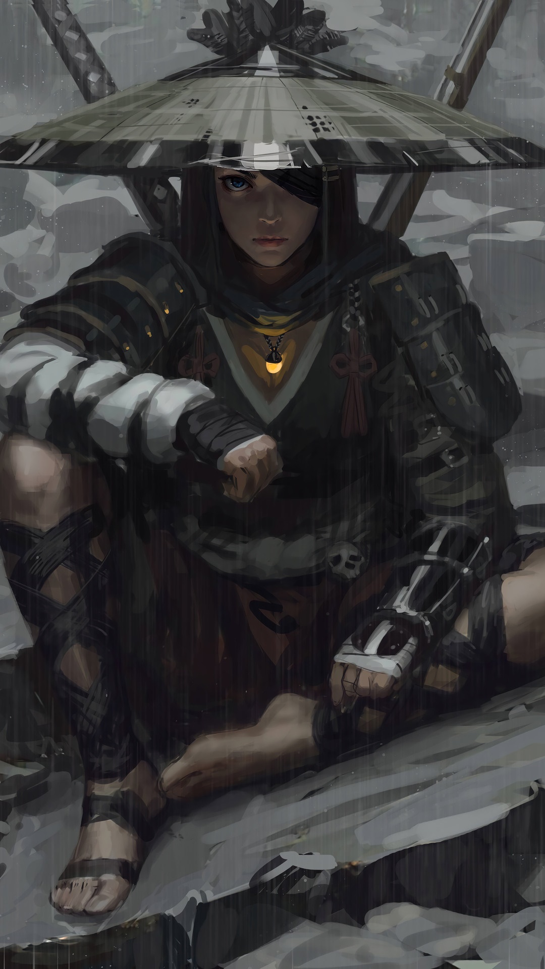 Samurai girl with eyepatch in the rain HD Phone Wallpaper