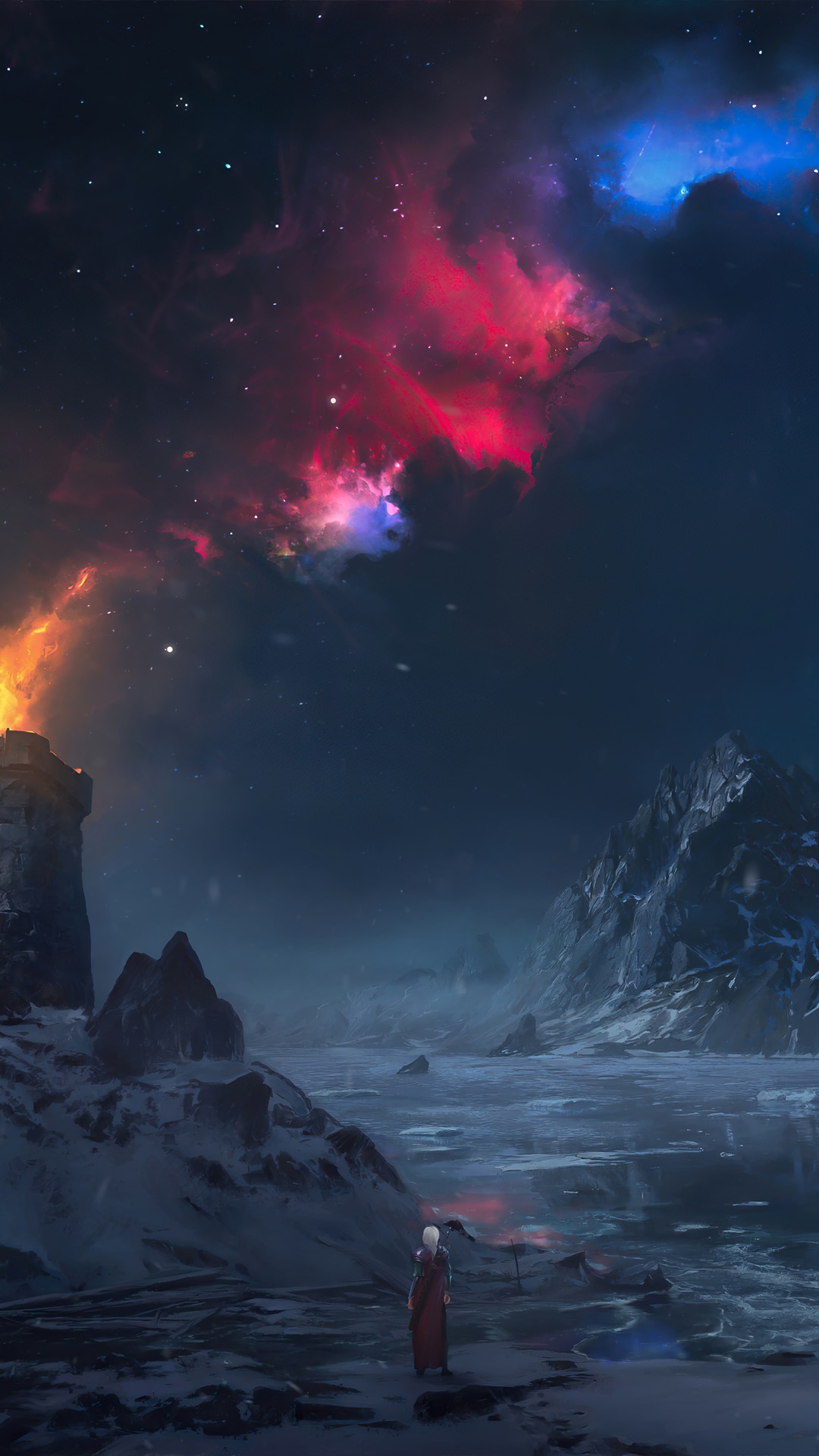 Fantasy landscape with a signal tower under a colorful nebula HD Phone Wallpaper