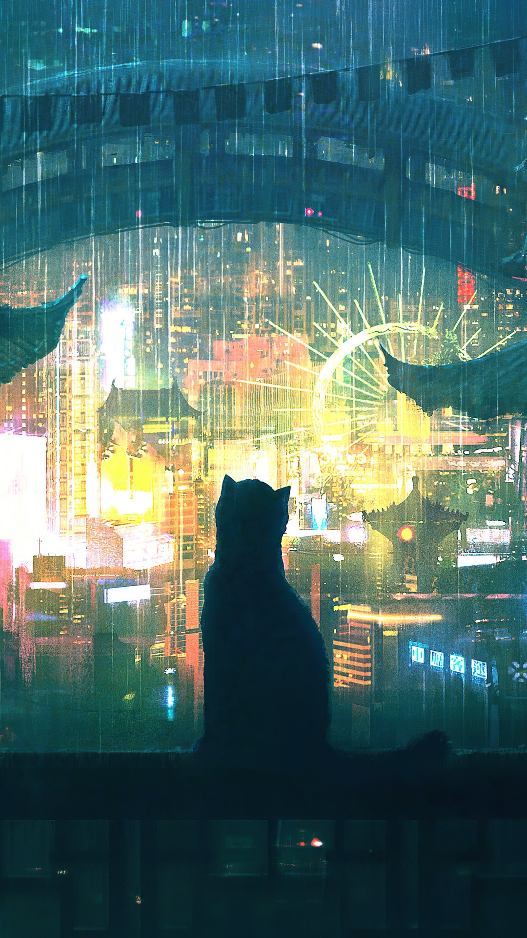 Cat silhouette overlooking a rainy neon city at night HD Phone Wallpaper