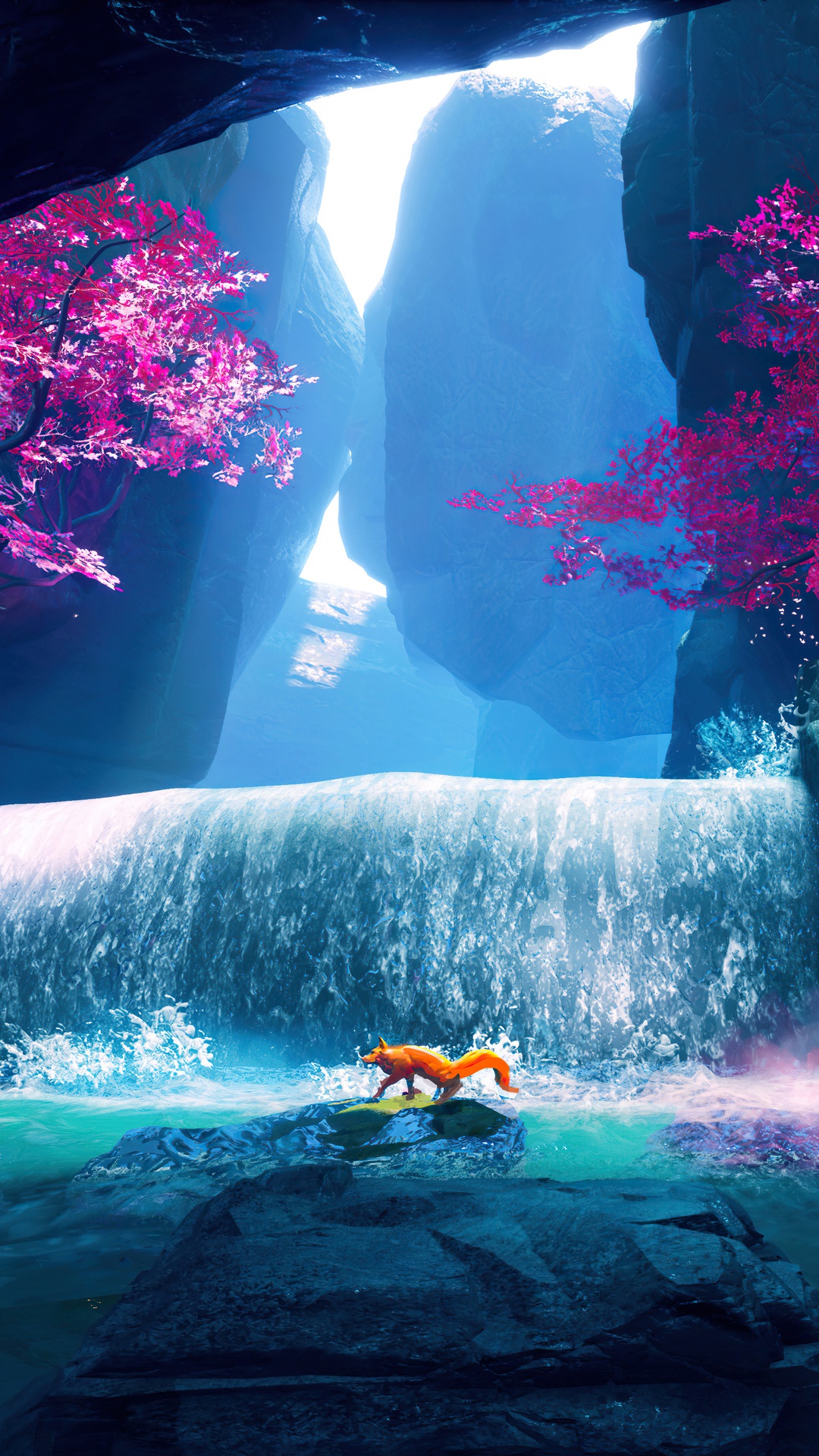 A fox by a waterfall in a fantasy landscape HD Phone Wallpaper