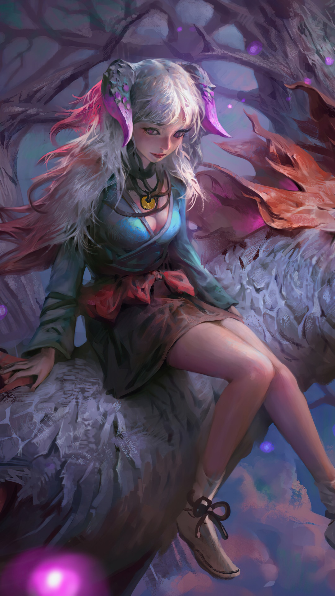 Fantasy girl with horns sitting on a dragon HD Phone Wallpaper