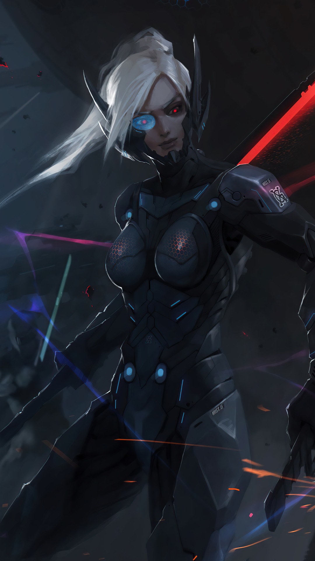 Cyberpunk girl with cybernetic eye and sword HD Phone Wallpaper