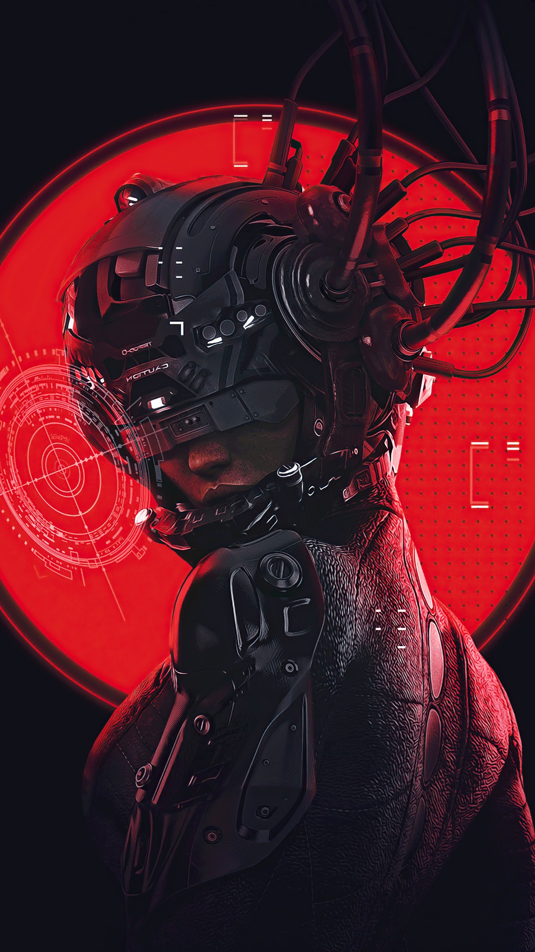 Cyberpunk girl with futuristic helmet and red background HD Phone Wallpaper
