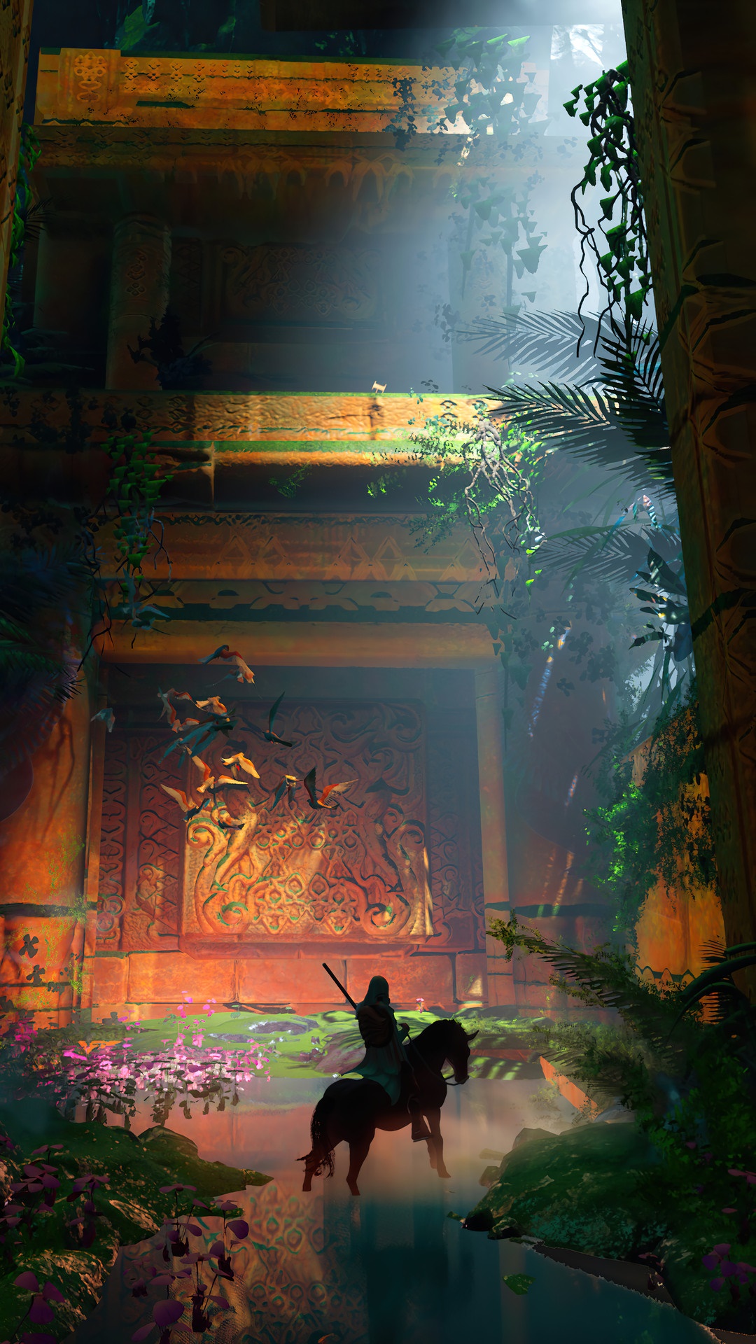 Knight on horseback in ancient ruins HD Phone Wallpaper
