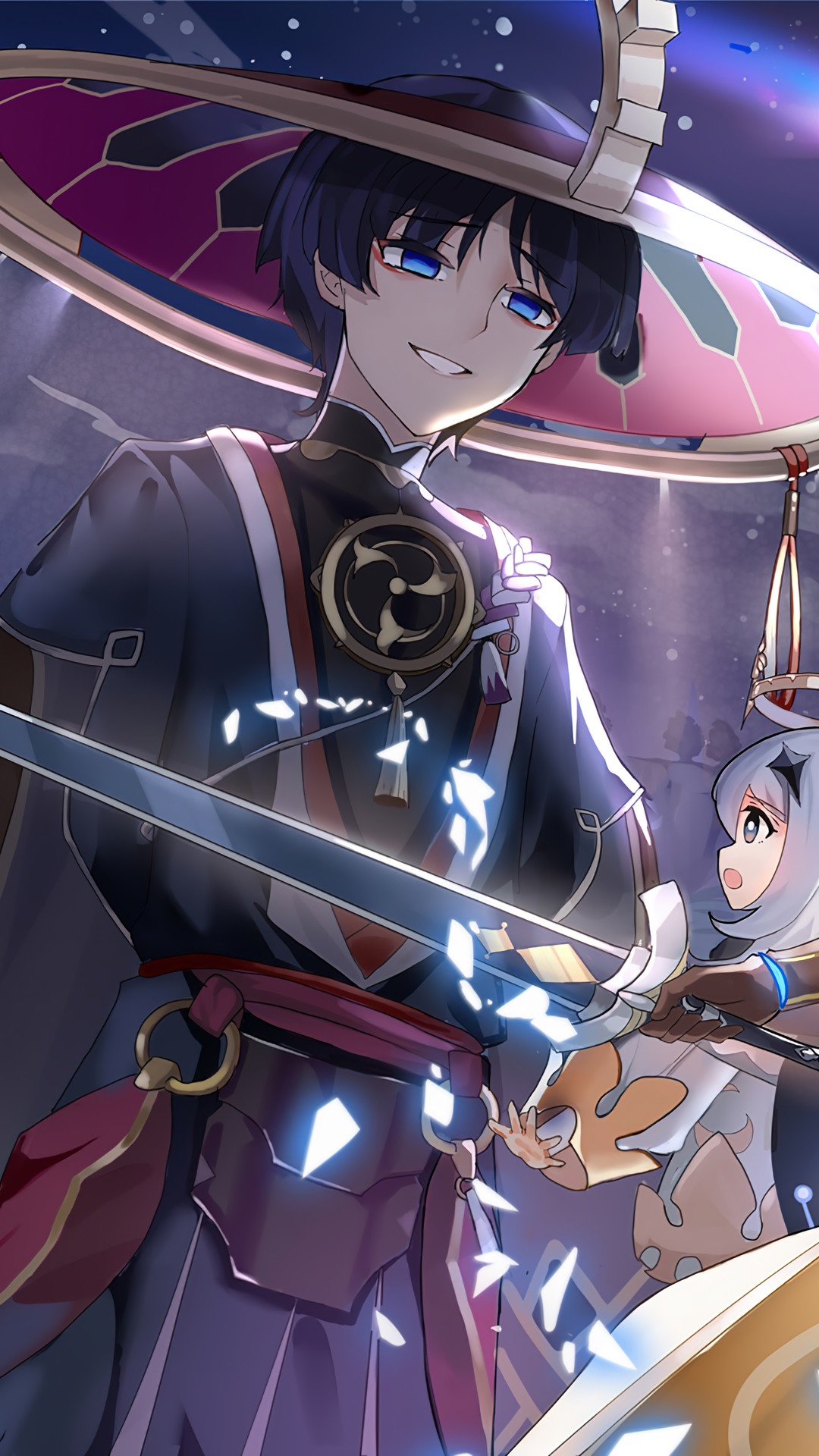 Scaramouche and Paimon from Genshin Impact Artwork HD Phone Wallpaper