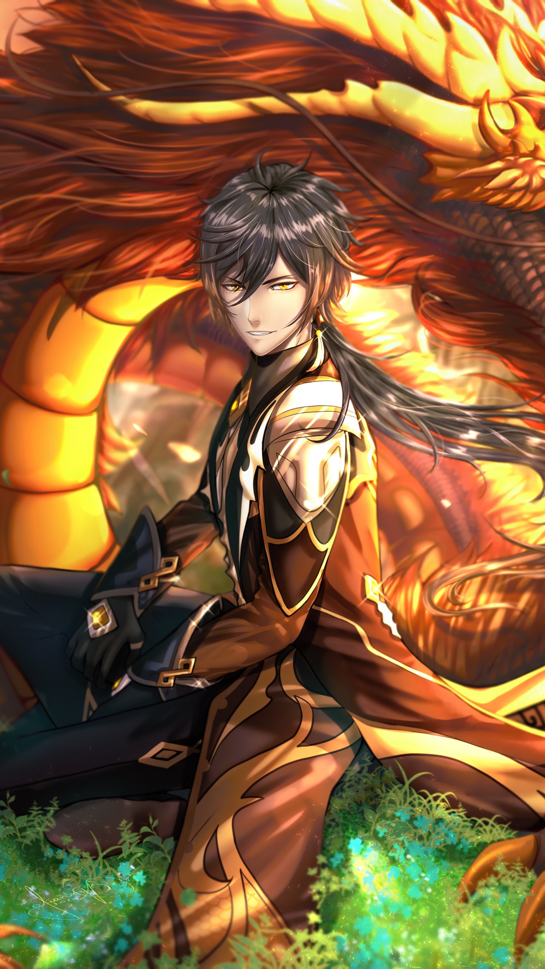 Zhongli from Genshin Impact with a dragon HD Phone Wallpaper