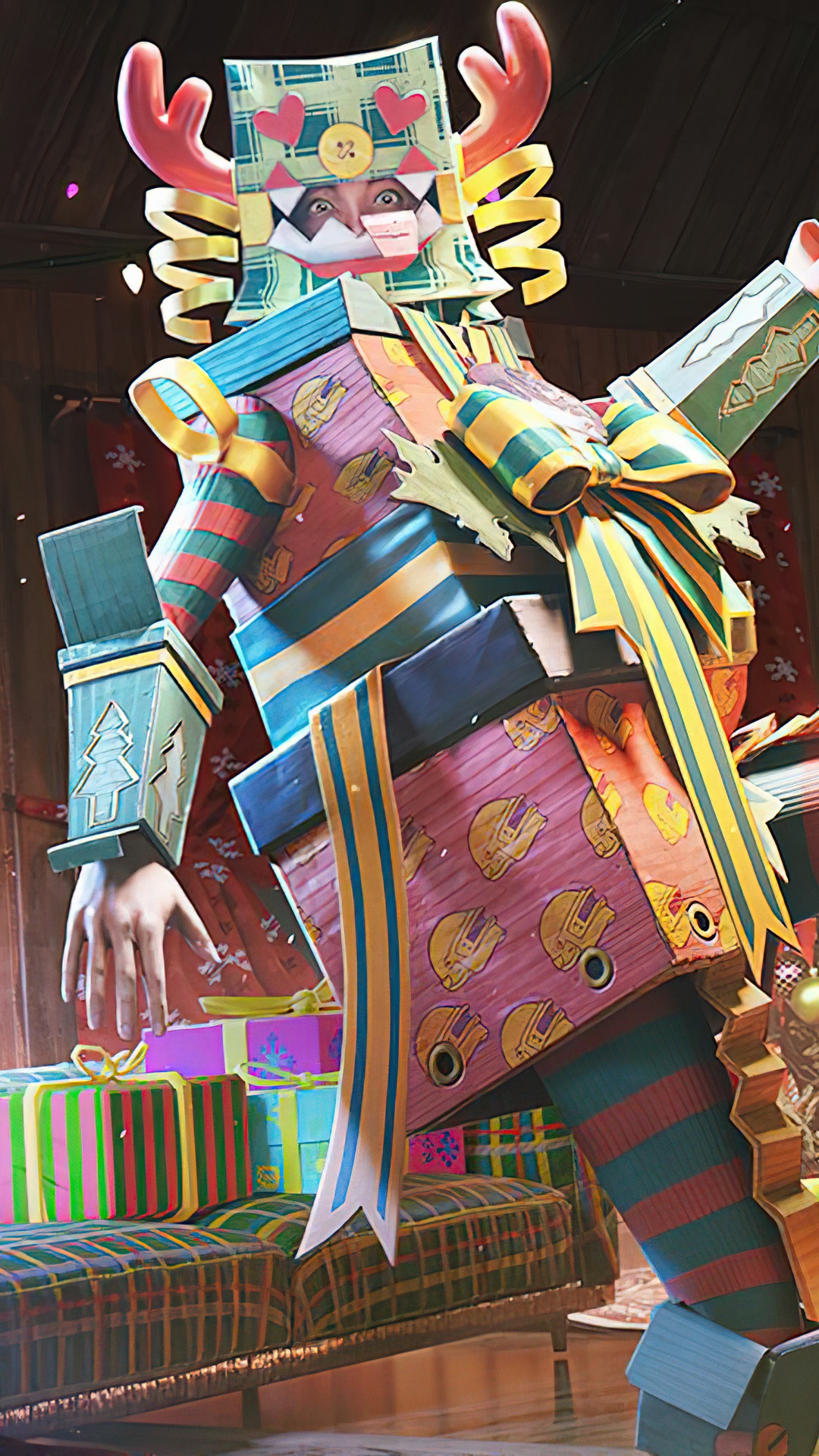 PUBG Mobile character dressed as a Christmas gift HD Phone Wallpaper